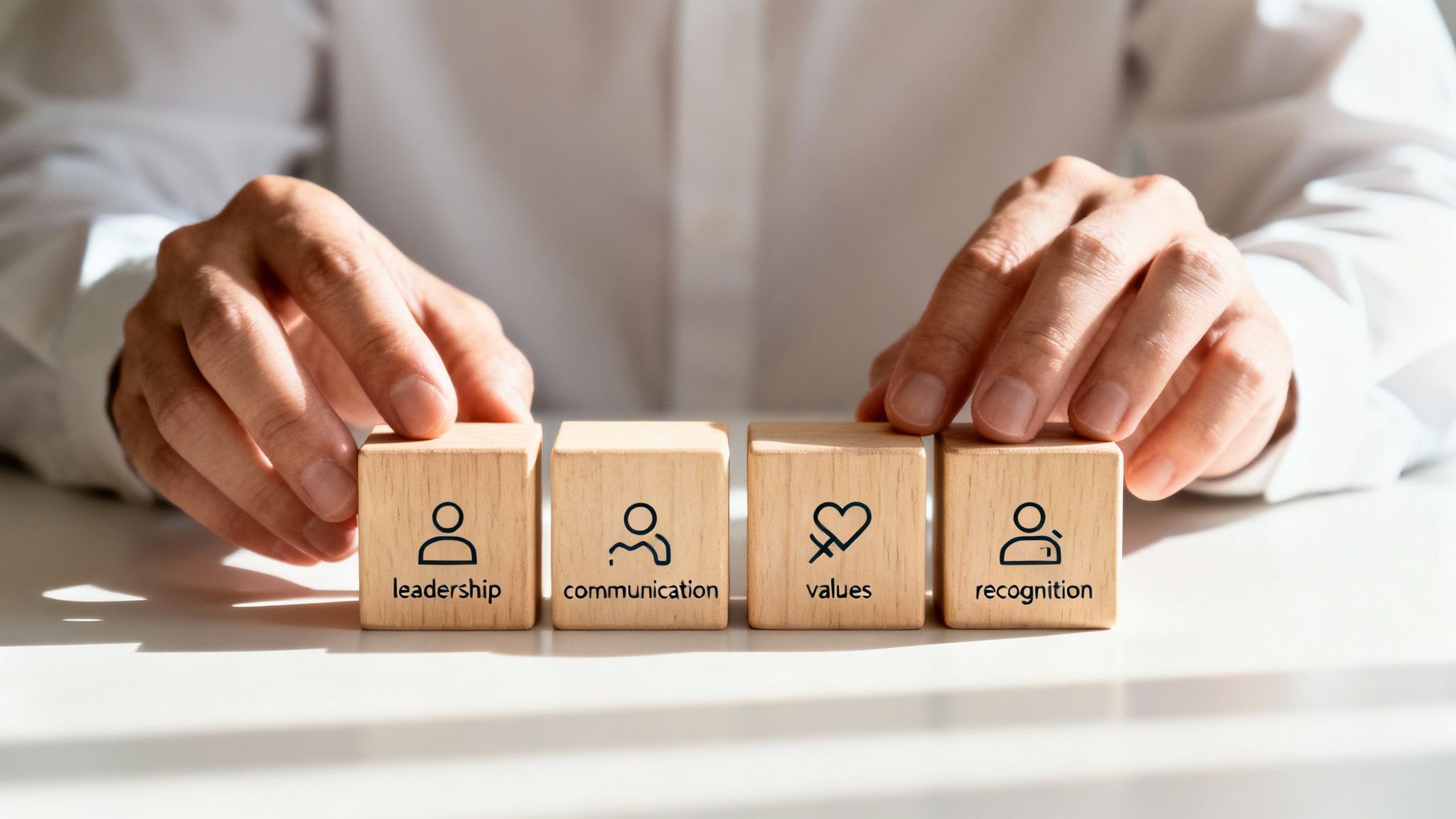 A person's hands arrange wooden blocks labeled leadership, communication, values, and recognition on a white table.