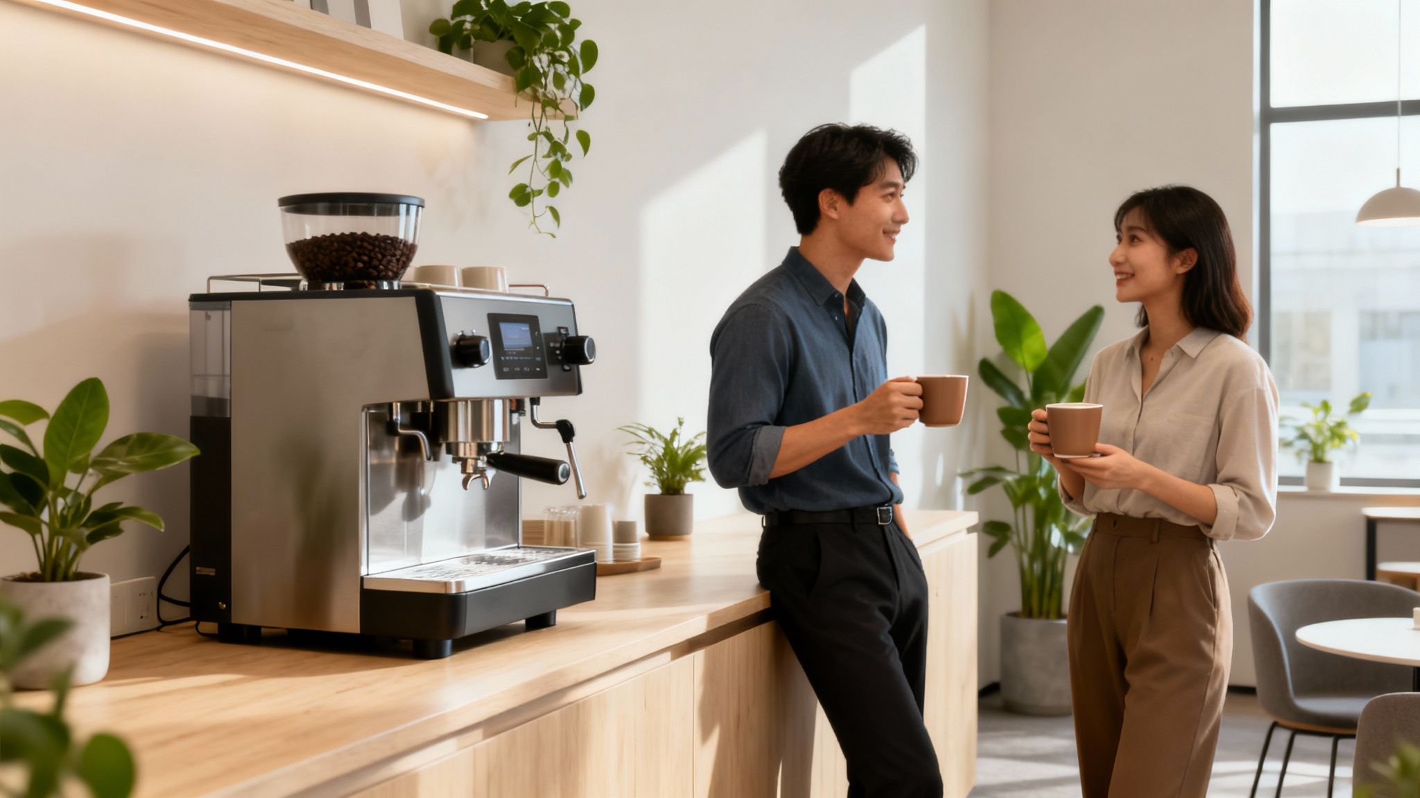 Two smiling Asian professionals enjoying coffee and conversation in a modern office breakroom.