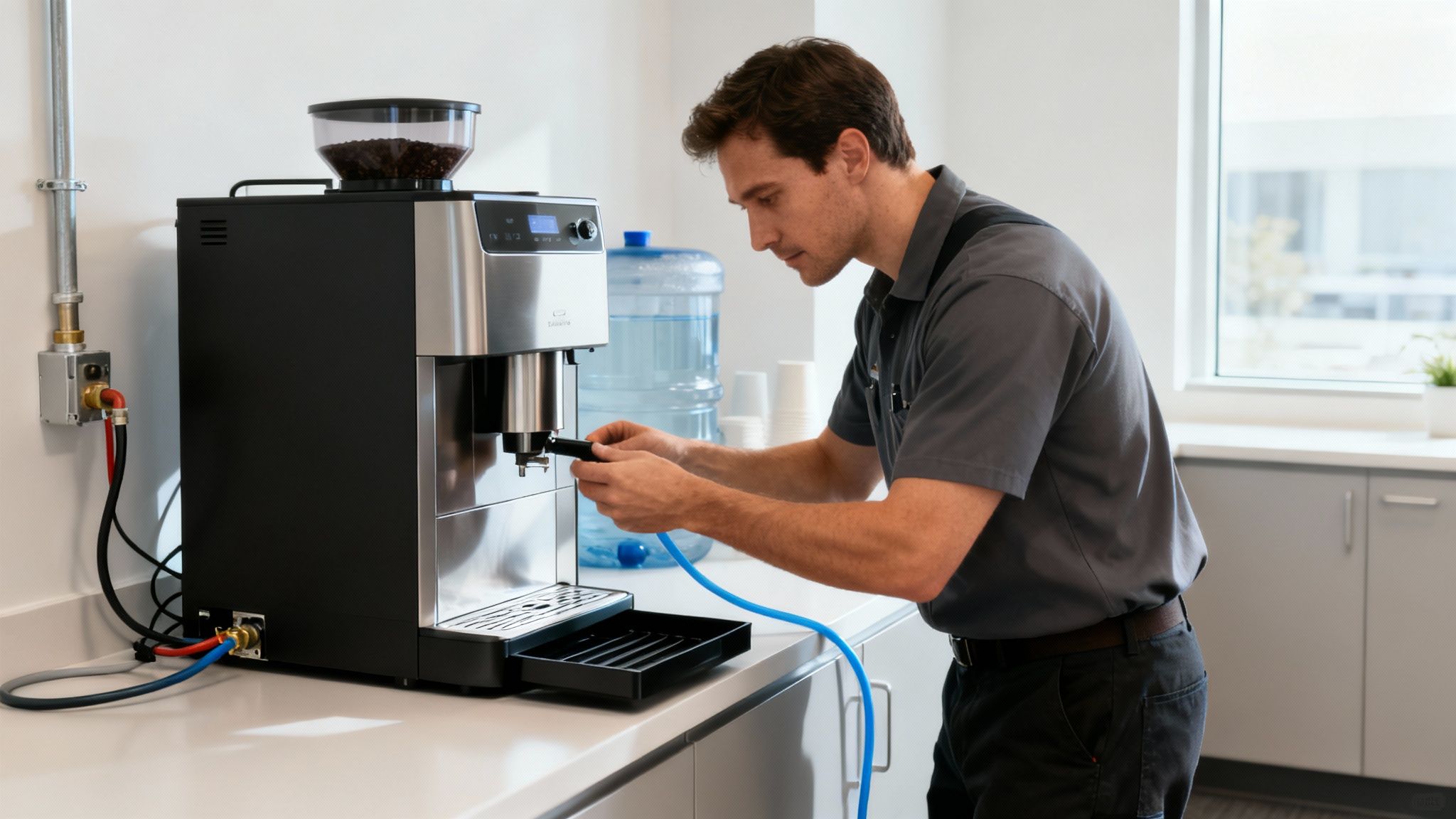 Two colleagues enjoying coffee in a modern office breakroom with a sleek machine.