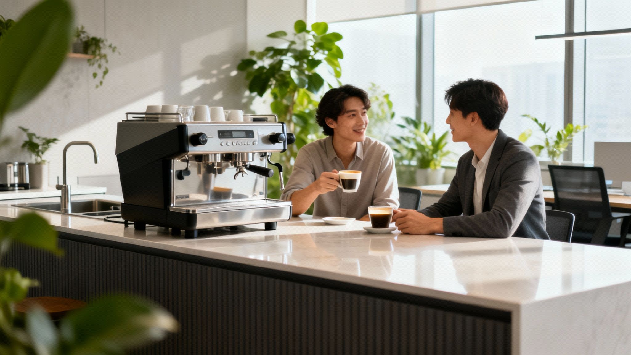 Two colleagues enjoying coffee and conversation in a modern office break room