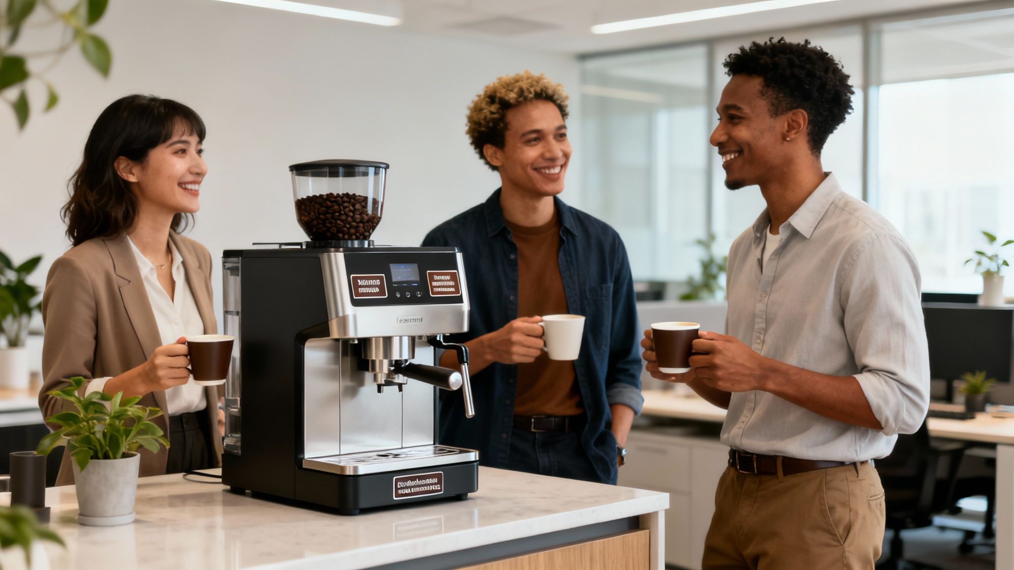 Three diverse colleagues enjoying coffee from a bean-to-cup machine in a modern office breakroom.