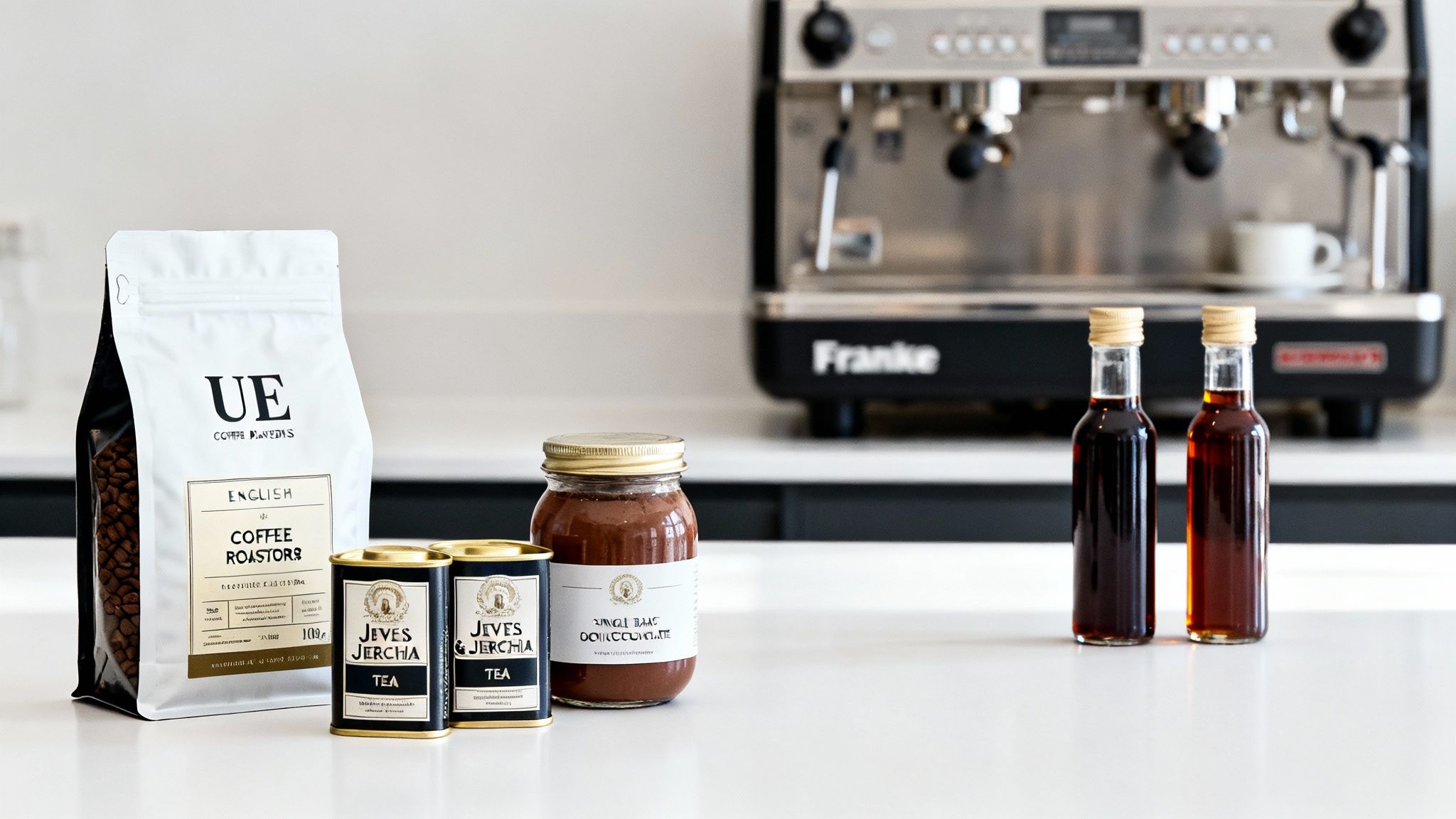 A commercial bean-to-cup coffee machine with coffee beans, tea, and syrups on a counter.