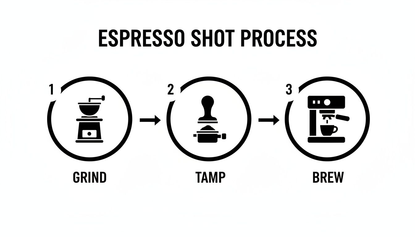 A three-step infographic showing the espresso shot process: grind, tamp, and brew, with icons.