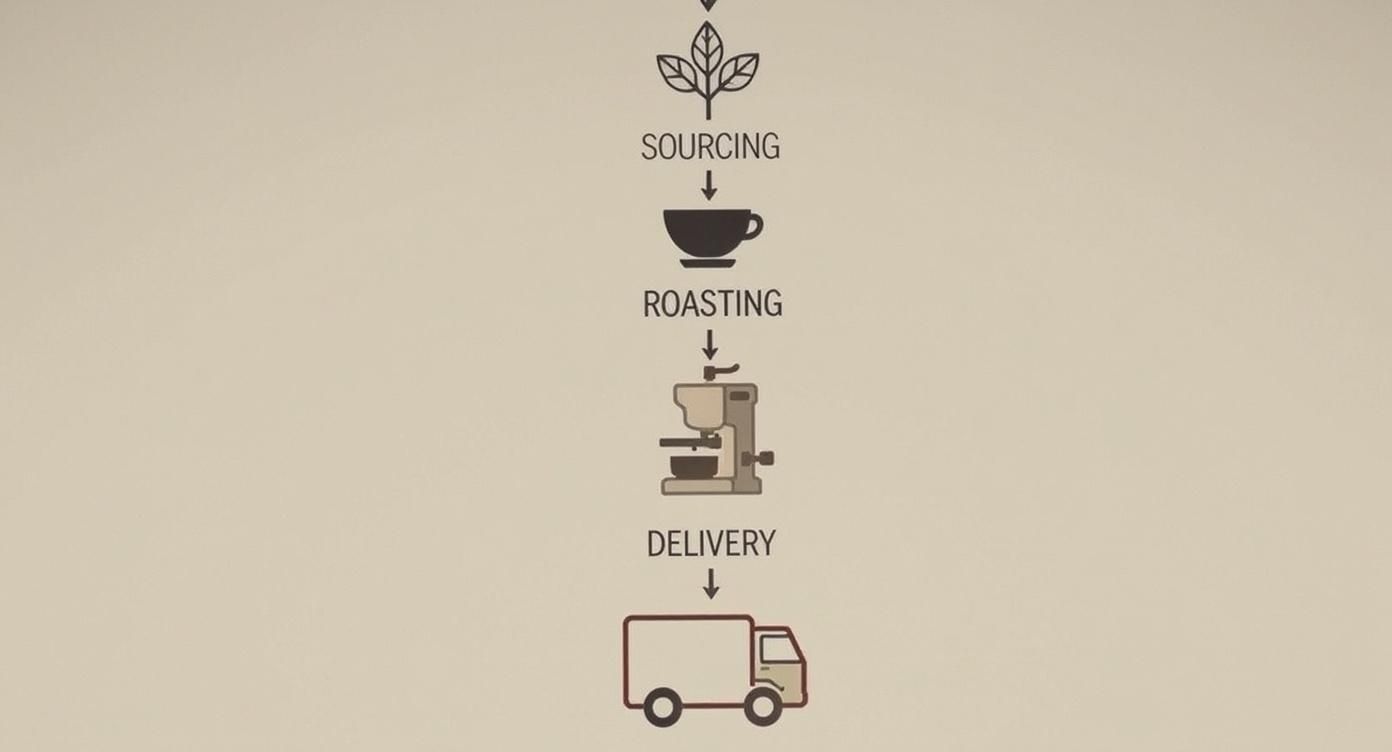 A diagram illustrating the coffee supply chain: sourcing, roasting, and delivery with relevant icons.