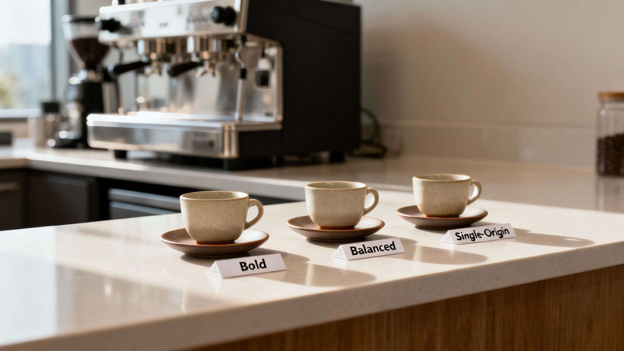 Three coffee cups with labels 'Bold,' 'Balanced,' and 'Single-Origin' arranged on a counter.