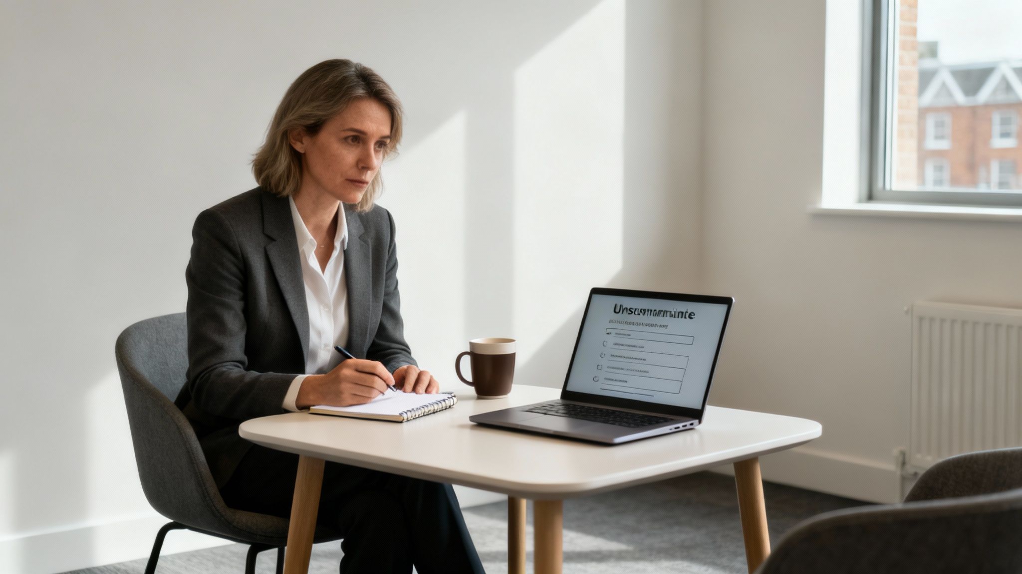 Professional woman in a suit taking notes at a table with a laptop and coffee.