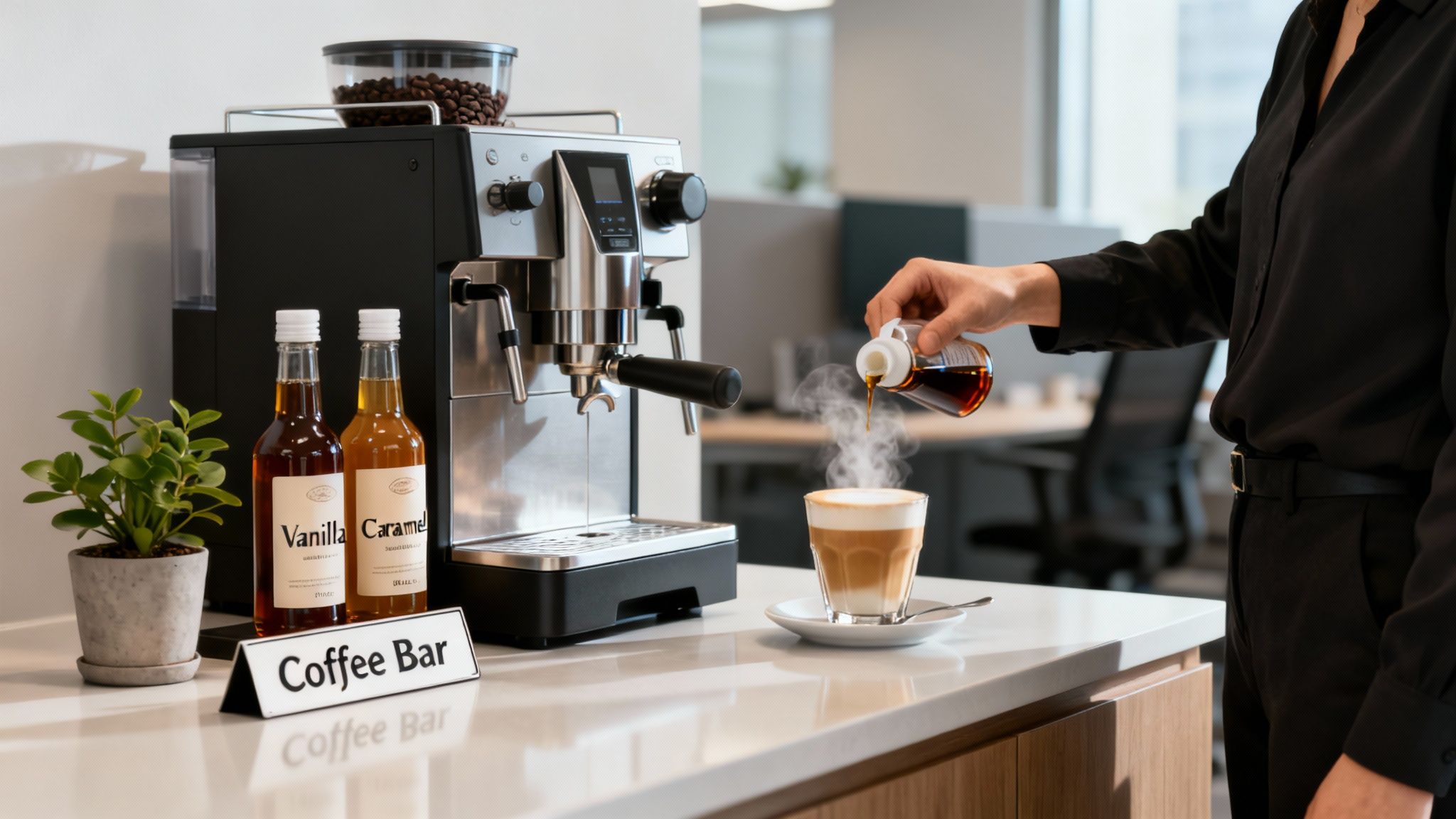 A person pours syrup into a freshly made latte at a modern office coffee bar with various syrups.