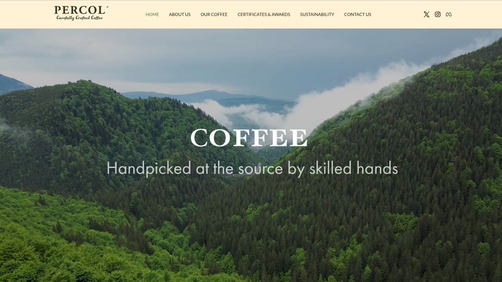A screenshot of the Percol Coffee website homepage, showing their colourful branding and variety of coffee products, with an emphasis on their ethical commitments.