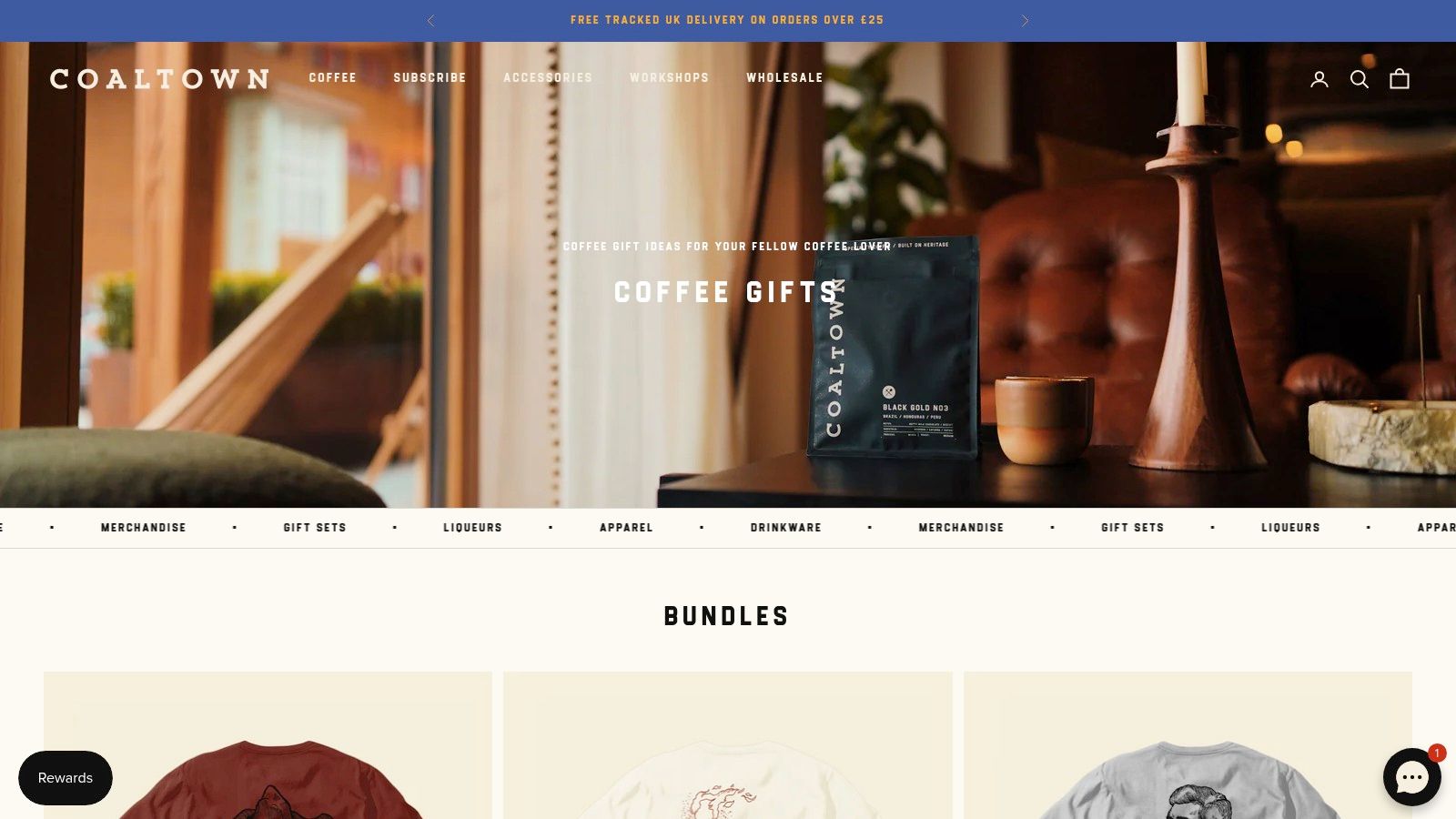 A selection of Coaltown Coffee's gift sets and products, showcasing their branding and packaging.