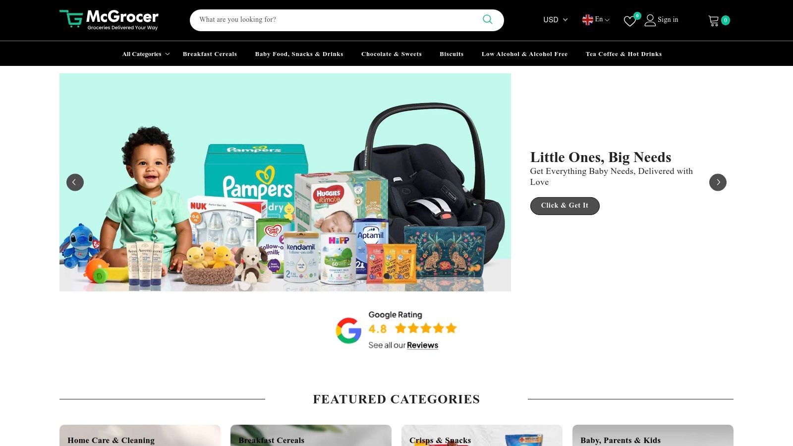 McGrocer homepage showing various plant-based milks