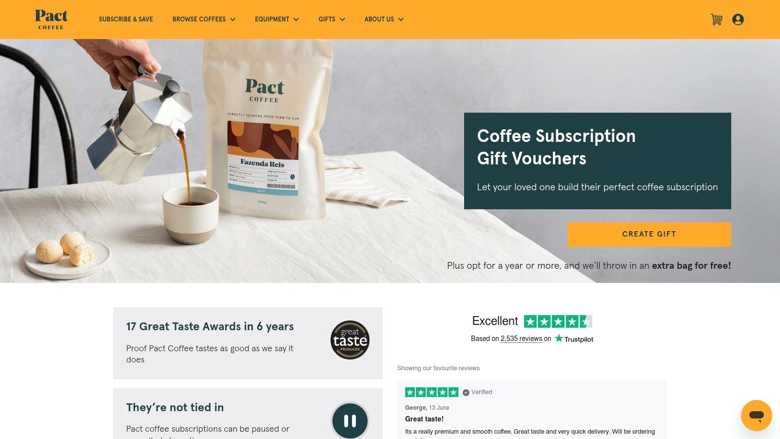 Pact Coffee gift subscription options