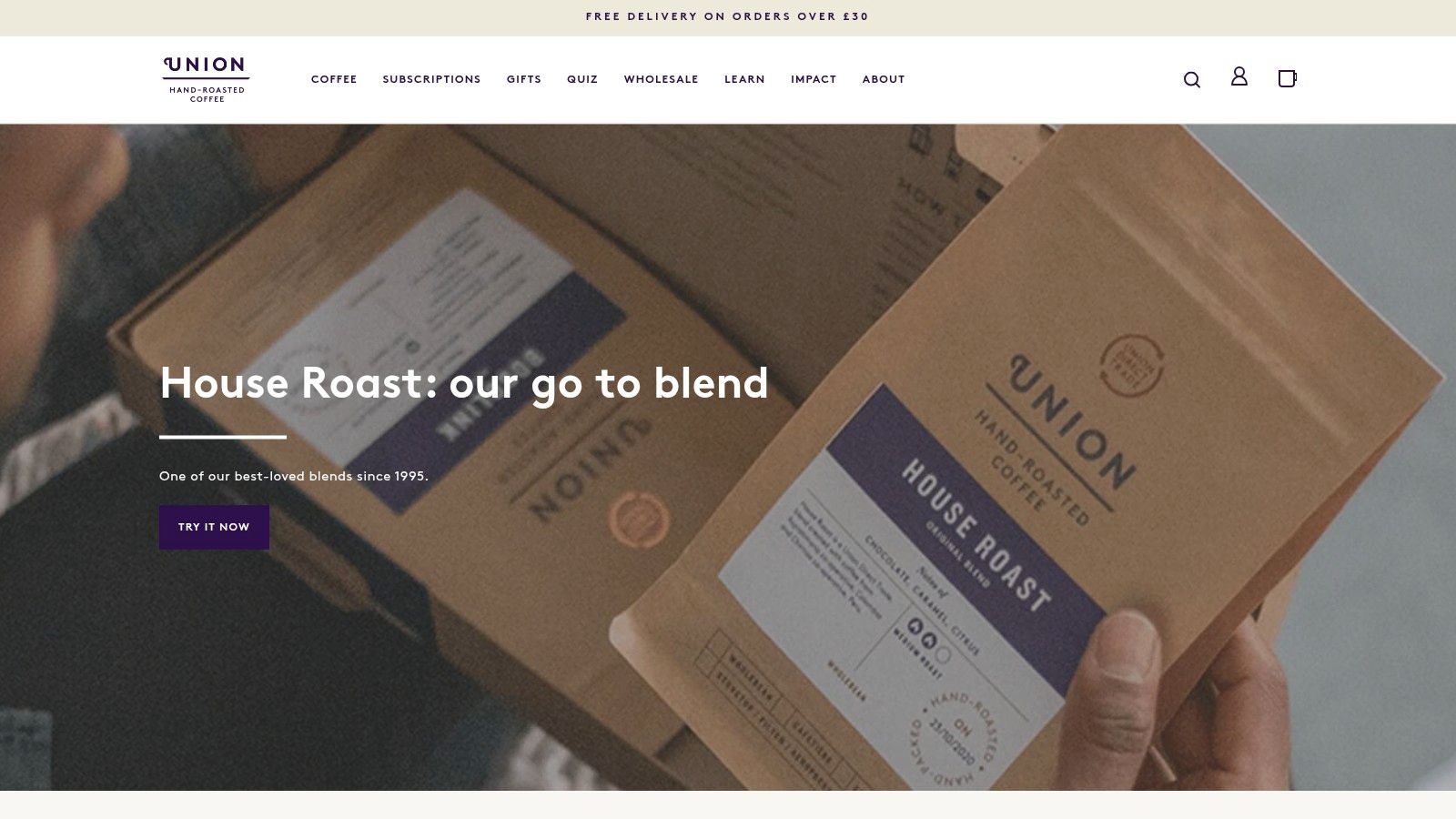 A screenshot of the Union Hand-Roasted Coffee website, showcasing their coffee bags, branding, and emphasis on ethically sourced beans.