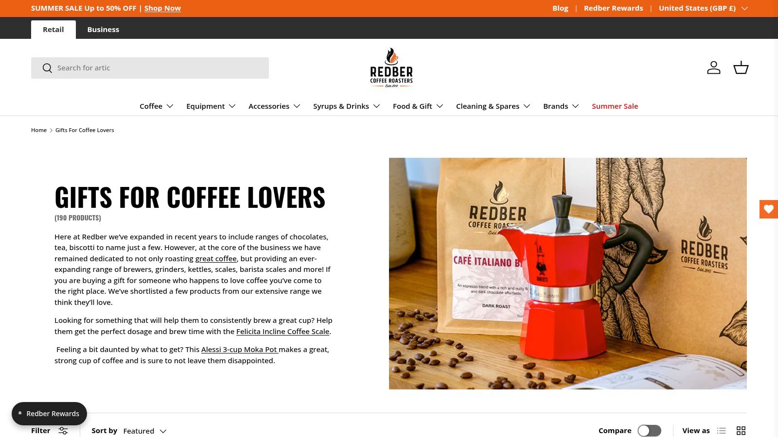 The Redber Coffee website showcasing a selection of coffee beans and gift options.