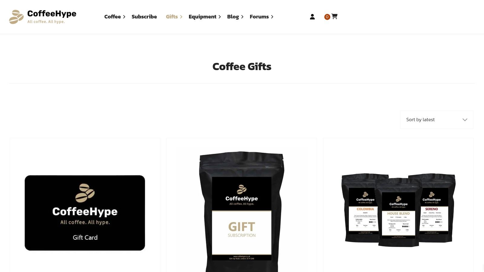 A display of CoffeeHype's gift sets, including coffee beans paired with brewing equipment like a V60 and an AeroPress.