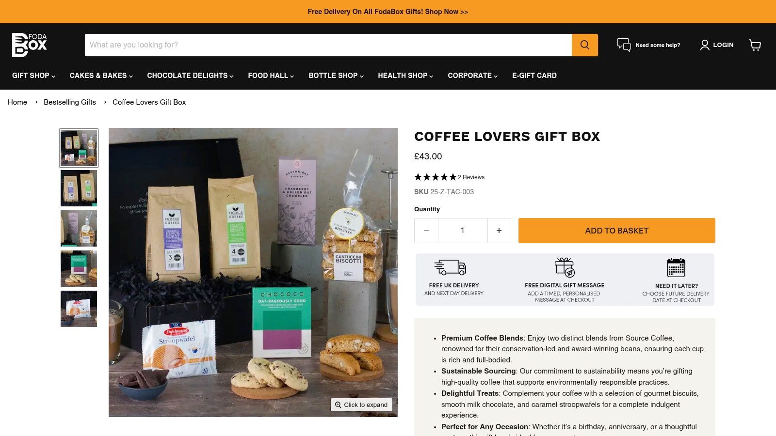 A display of the FodaBox Coffee Lovers Gift Box, showcasing coffee, biscuits, and chocolates in a stylish package.
