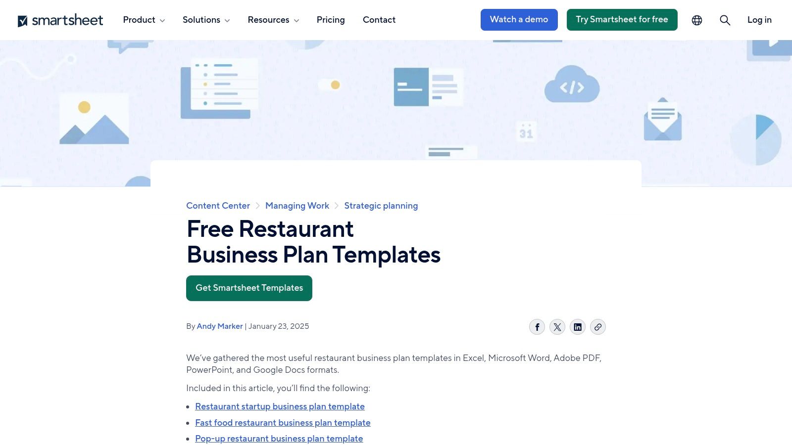 Smartsheet – Restaurant/coffee shop business plan templates