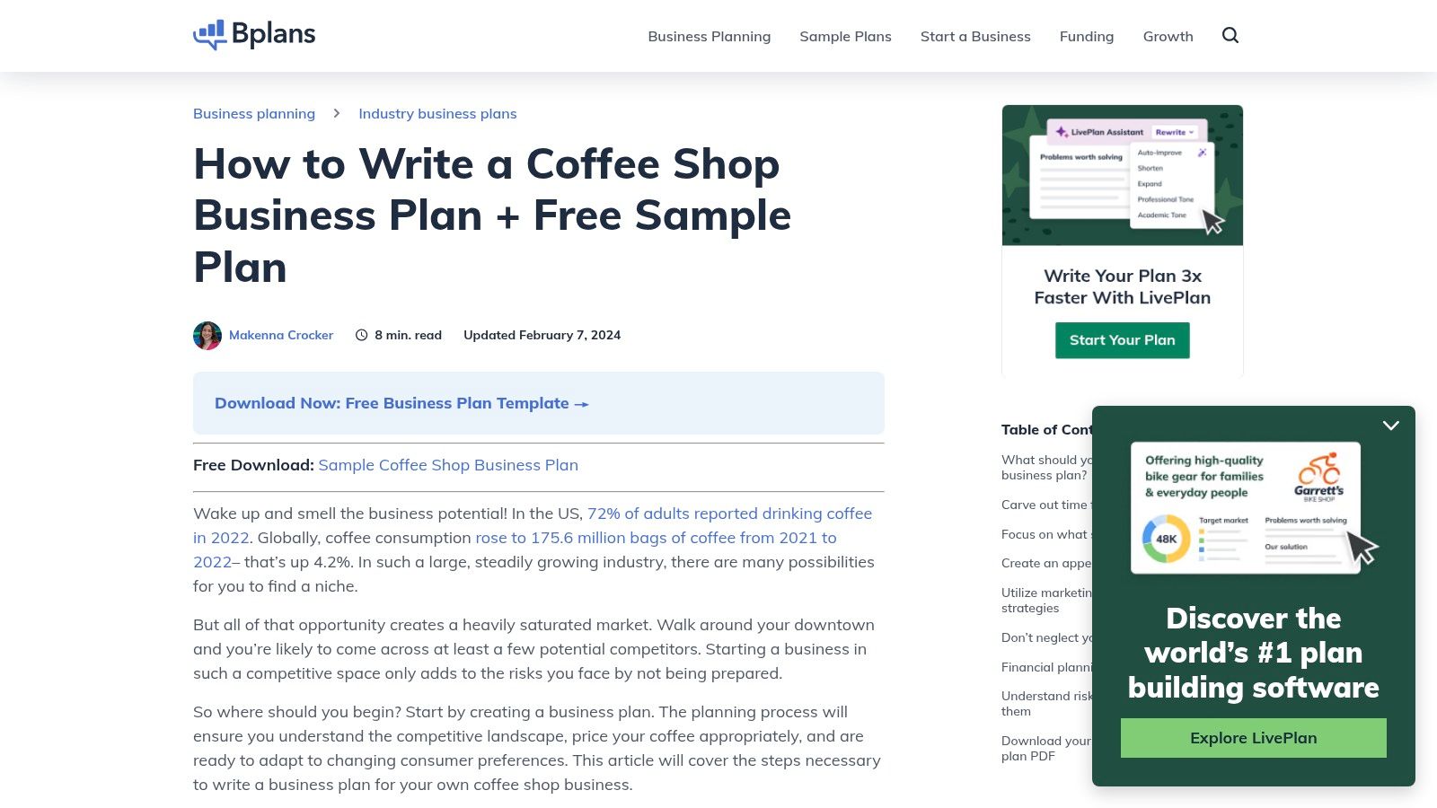 Bplans – Coffee shop/cafe sample plans and guides