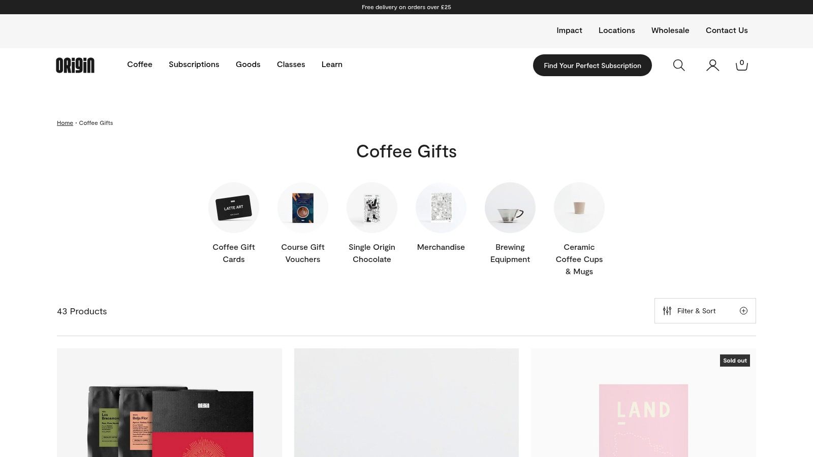 A curated selection of Origin Coffee's gift items, including coffee bags, a ceramic mug, and a stylish tote bag.