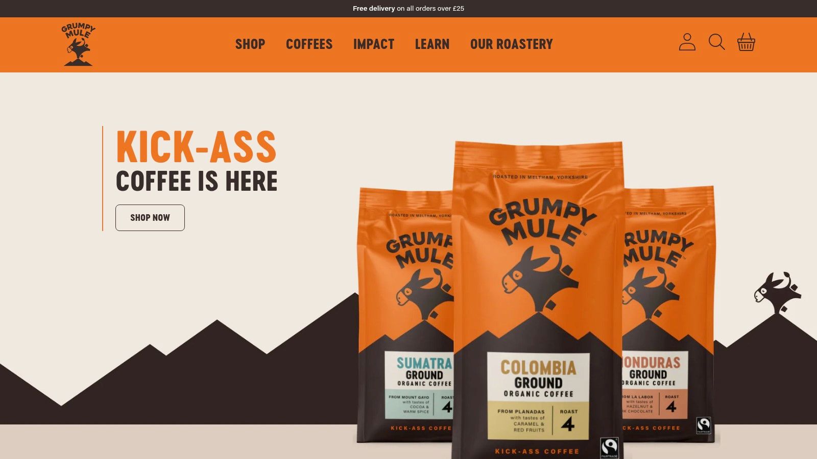 A screenshot of the Grumpy Mule website homepage, showing their colourful branding and a selection of their organic and Fairtrade coffee bags.