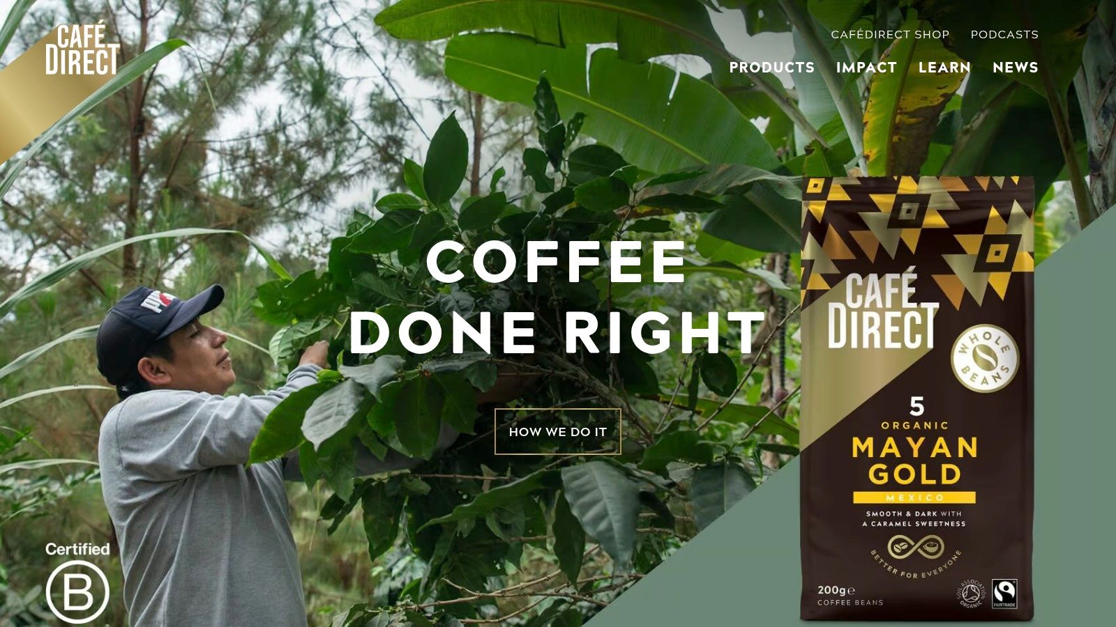 A screenshot of the Cafédirect website homepage, displaying their range of coffee products and highlighting their commitment to fair trade and farmer support.