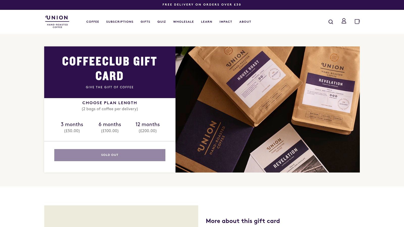Union Hand-Roasted Coffee gift subscription page