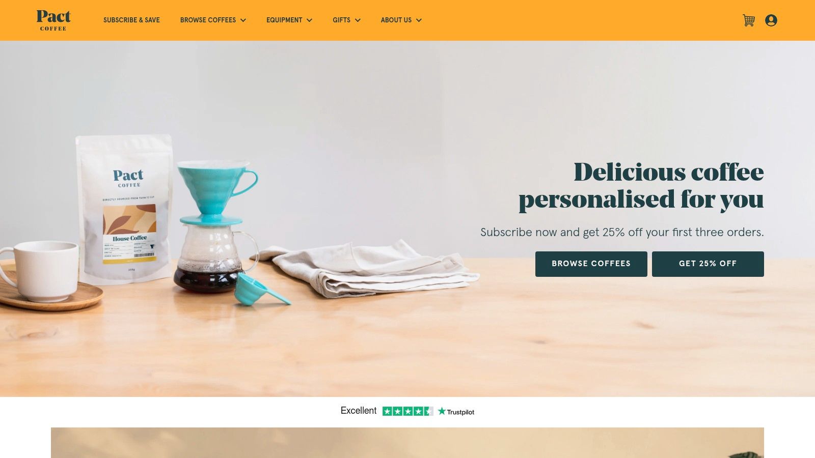 The Pact Coffee website homepage, showcasing their commitment to direct trade and speciality coffee.