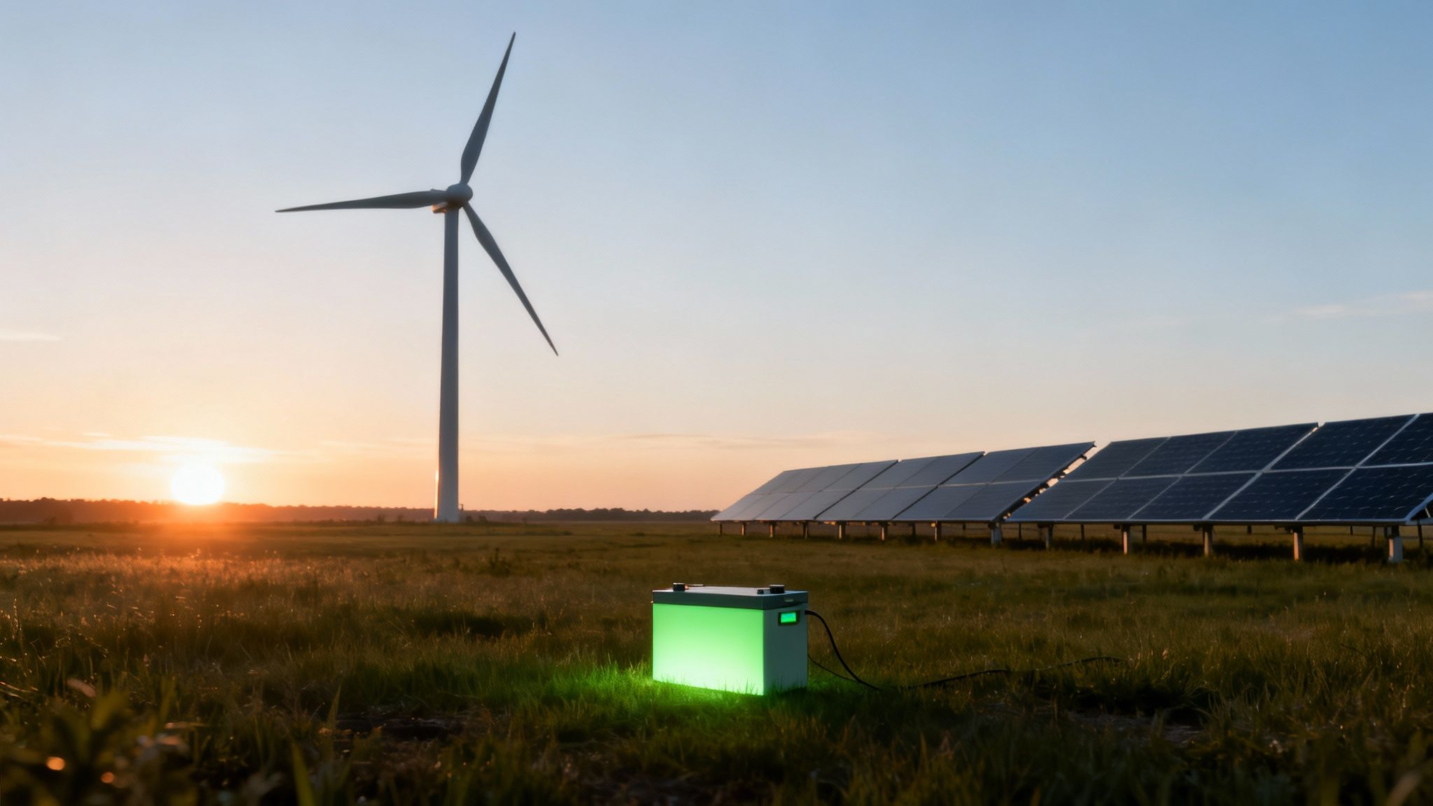 A glowing green battery in a field with solar panels and a wind turbine at sunset.