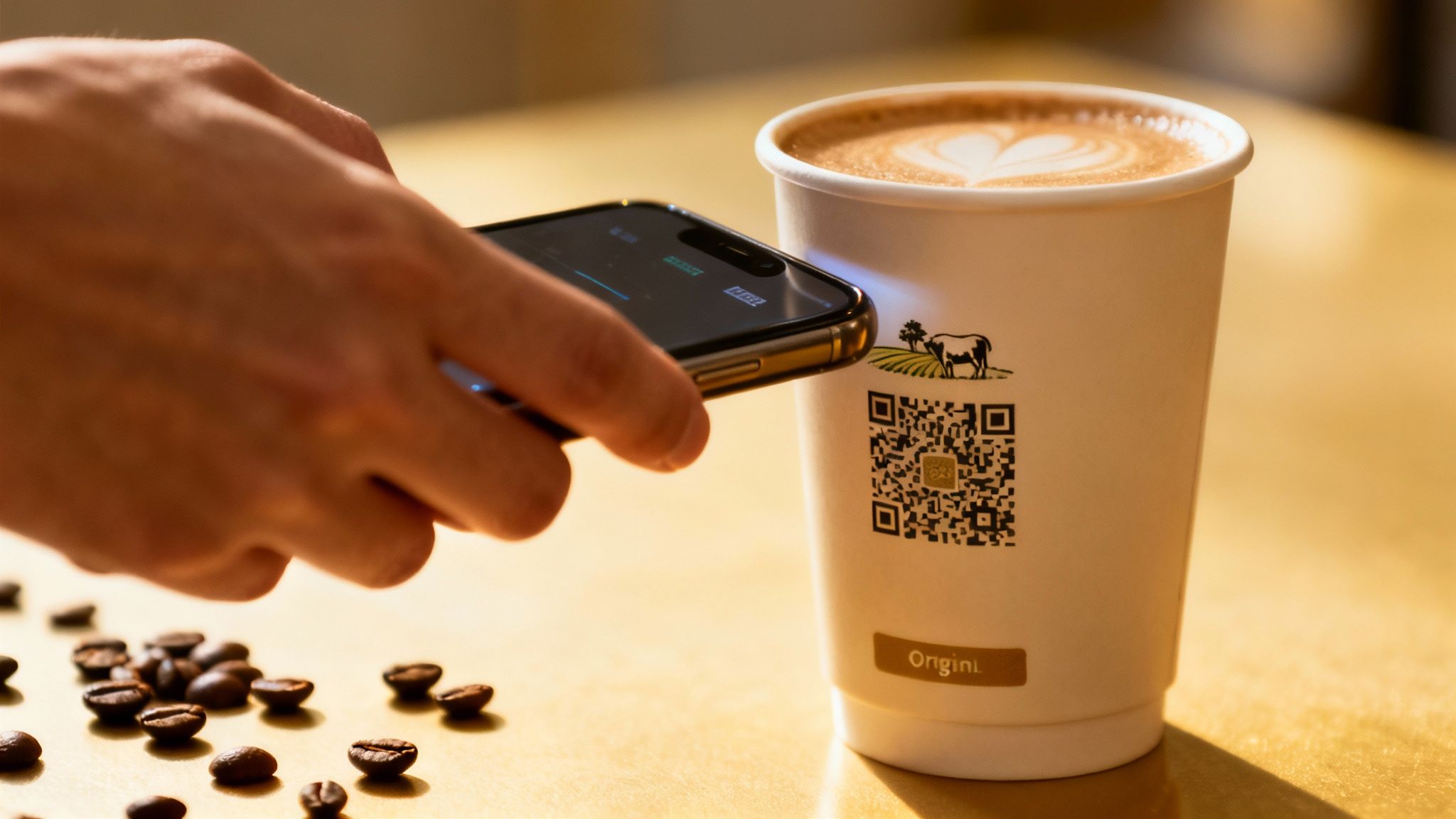 A hand holds a smartphone, scanning a QR code on a coffee cup with latte art, next to scattered coffee beans.