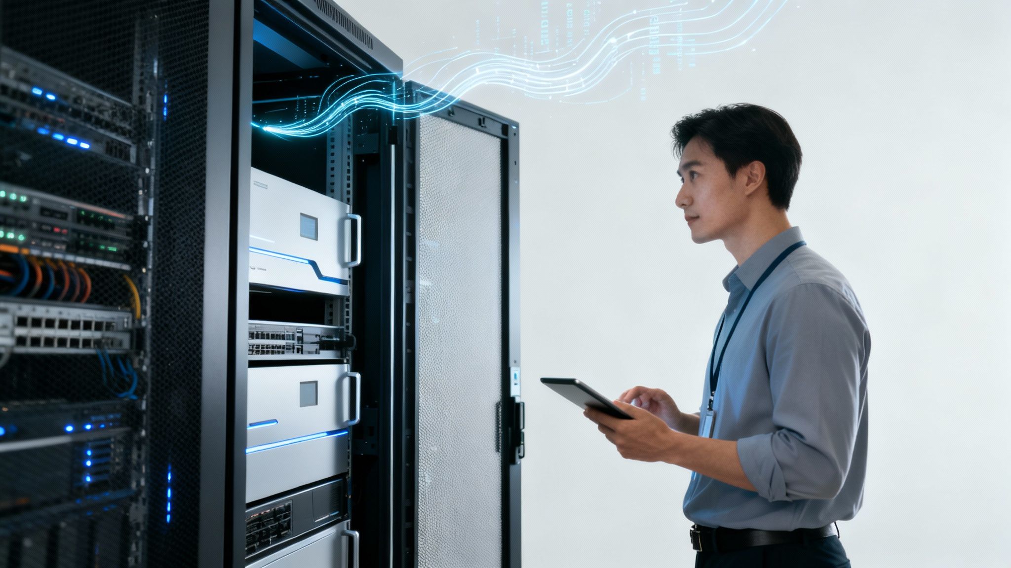 IT professional monitoring server infrastructure with tablet displaying data flow visualization in modern data center