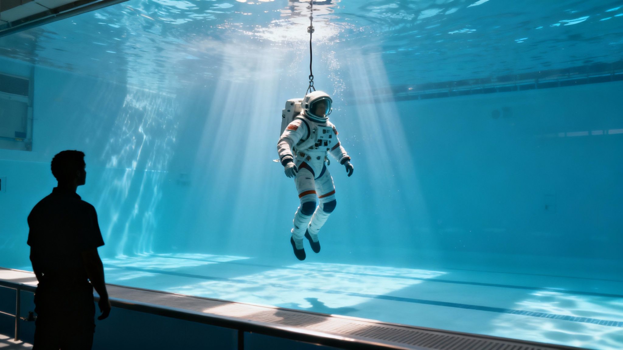 Astronauts practicing for a spacewalk in the Neutral Buoyancy Laboratory