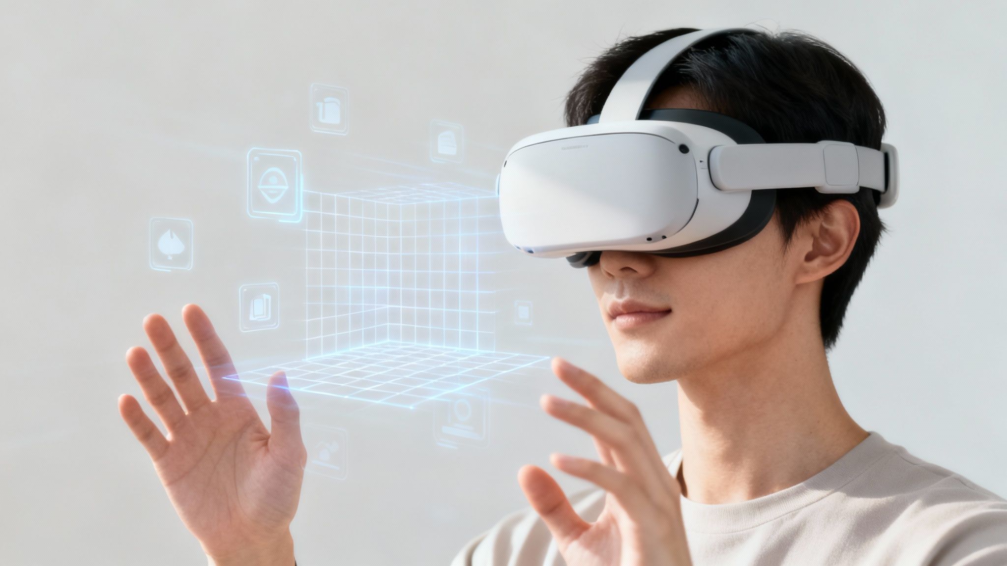 Young man wearing white VR headset interacting with holographic interface display technology