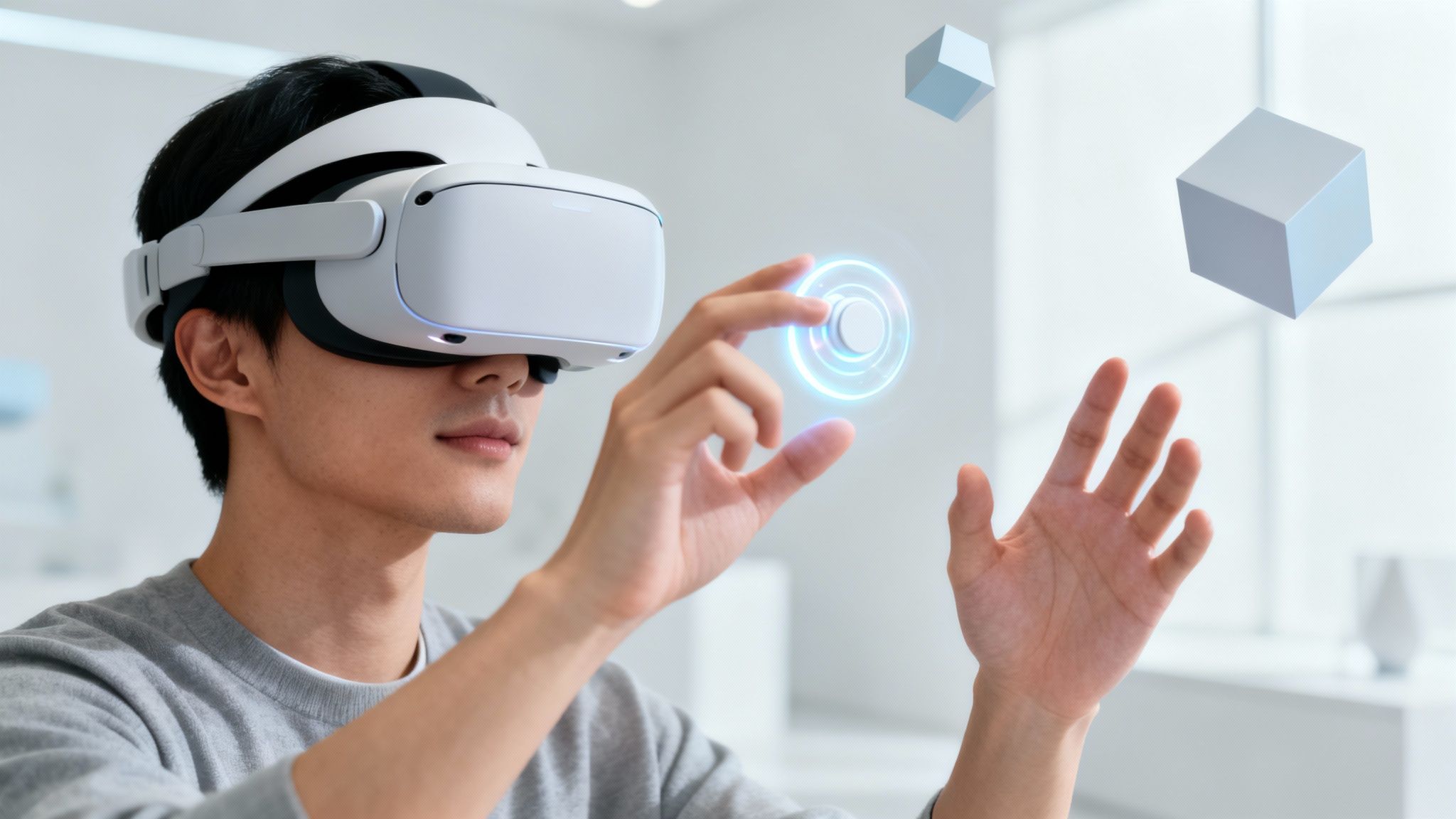 Young man wearing a VR headset interacts with a glowing virtual interface and floating cubes.