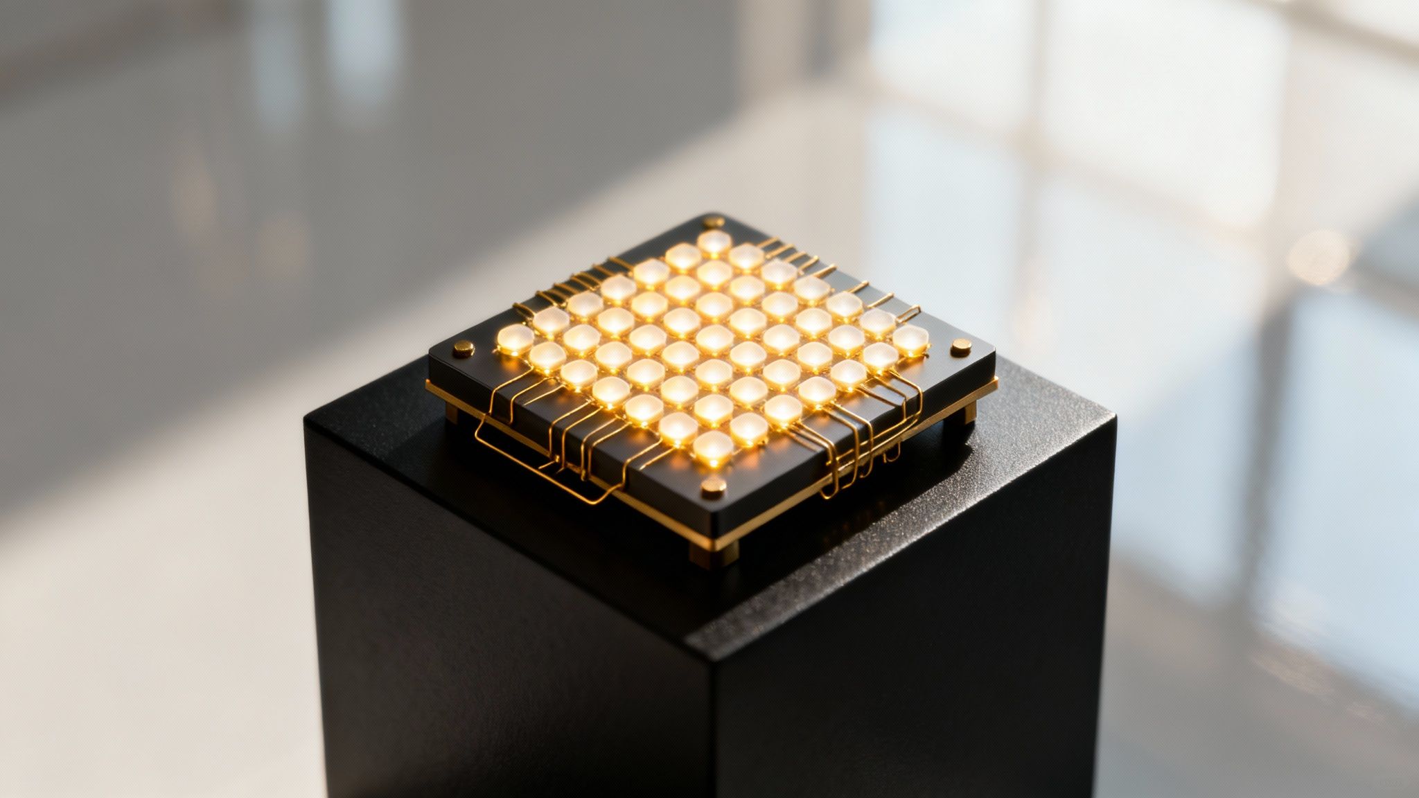 A sophisticated quantum computing chip with glowing nodes, symbolizing advanced technology on a black pedestal.