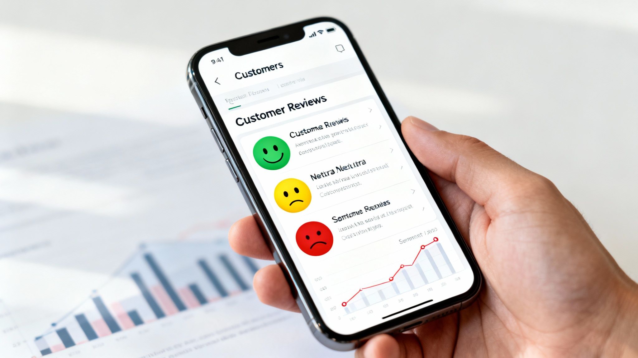 A hand holds a smartphone displaying a customer reviews app with sentiment analysis emojis and a graph.