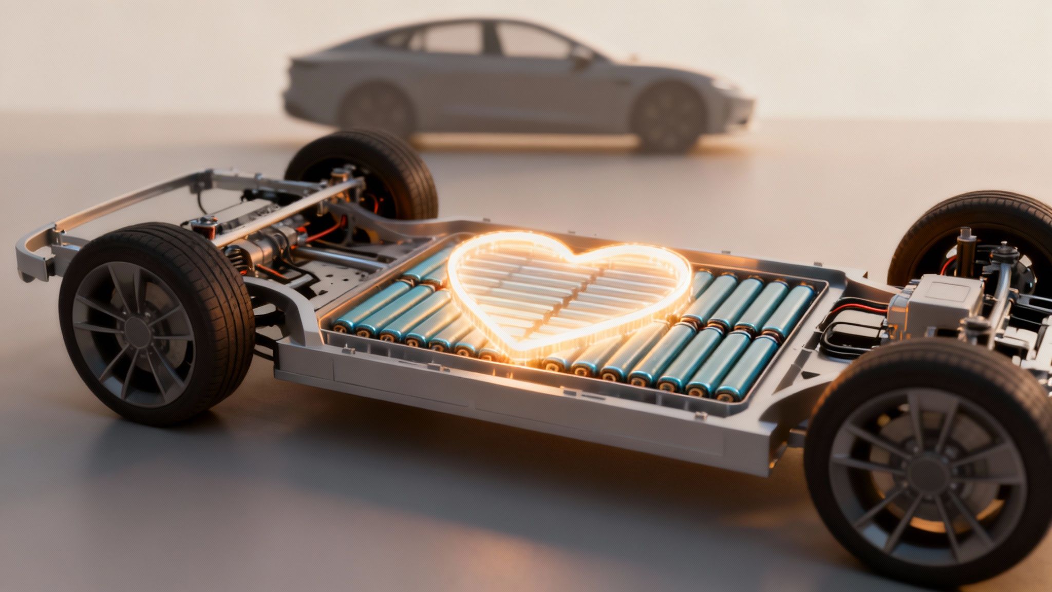 An inside view of an electric vehicle battery pack, showing the arrangement of individual cells.