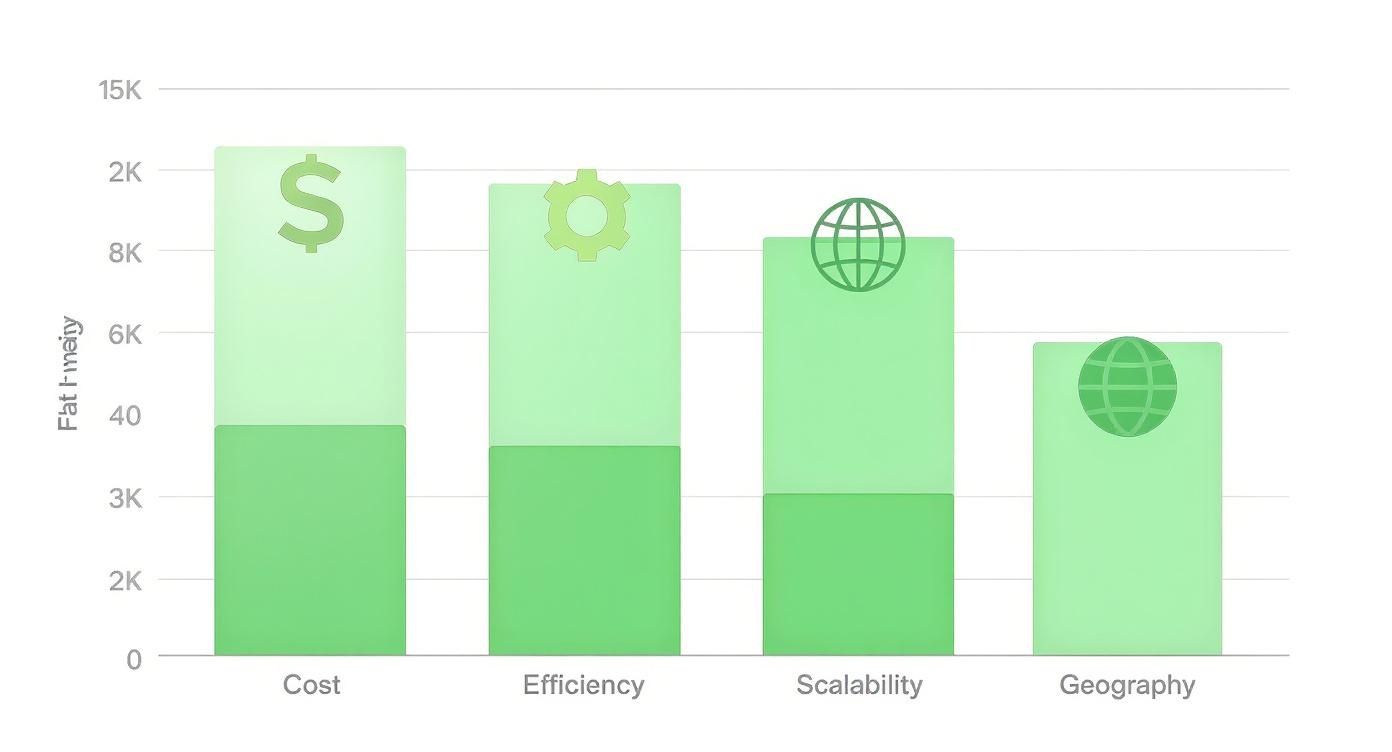 A bar chart comparing cost, efficiency, scalability, and geography using stacked green bars and icons.