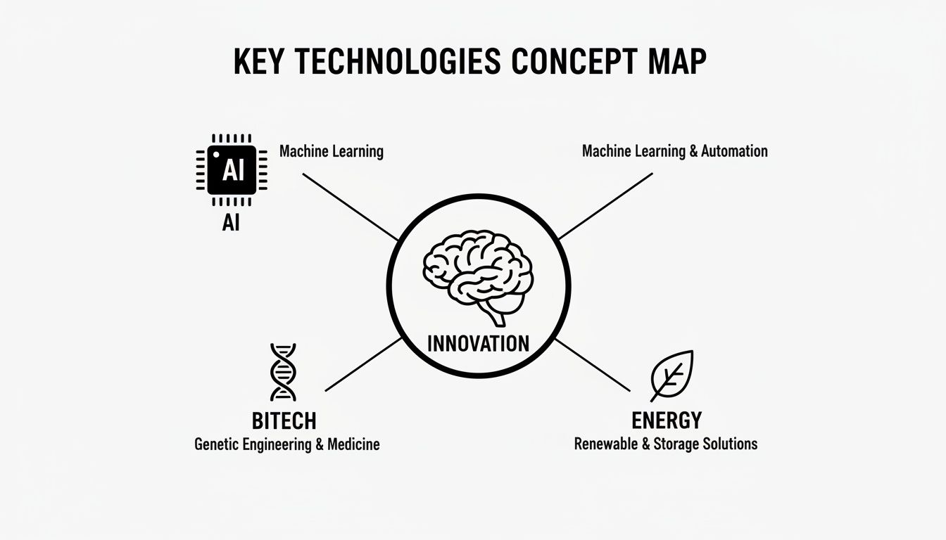 A concept map displaying key technologies: AI, Biotech, and Energy, driving innovation.