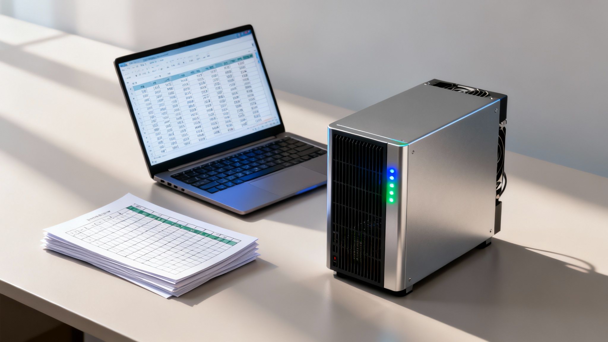 A desk with a laptop, paper spreadsheets, and a specialized processing unit with colorful lights.