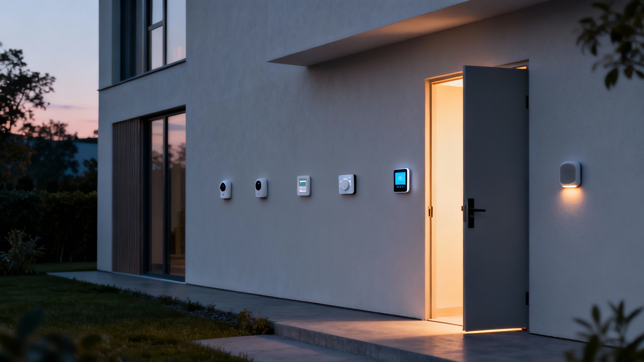 Modern smart home exterior wall displaying connected IoT security devices at twilight with open door