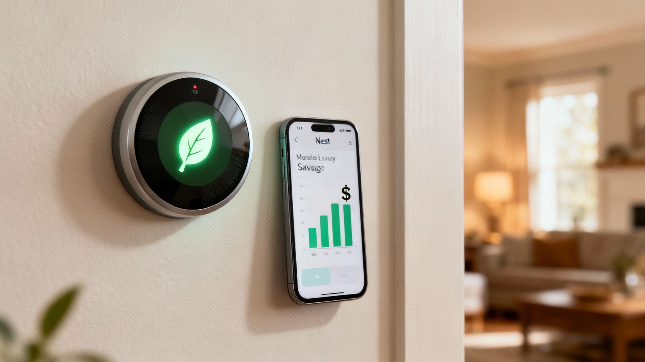 A person adjusting a Nest thermostat on a wall, with the Nest Leaf icon visible on the screen