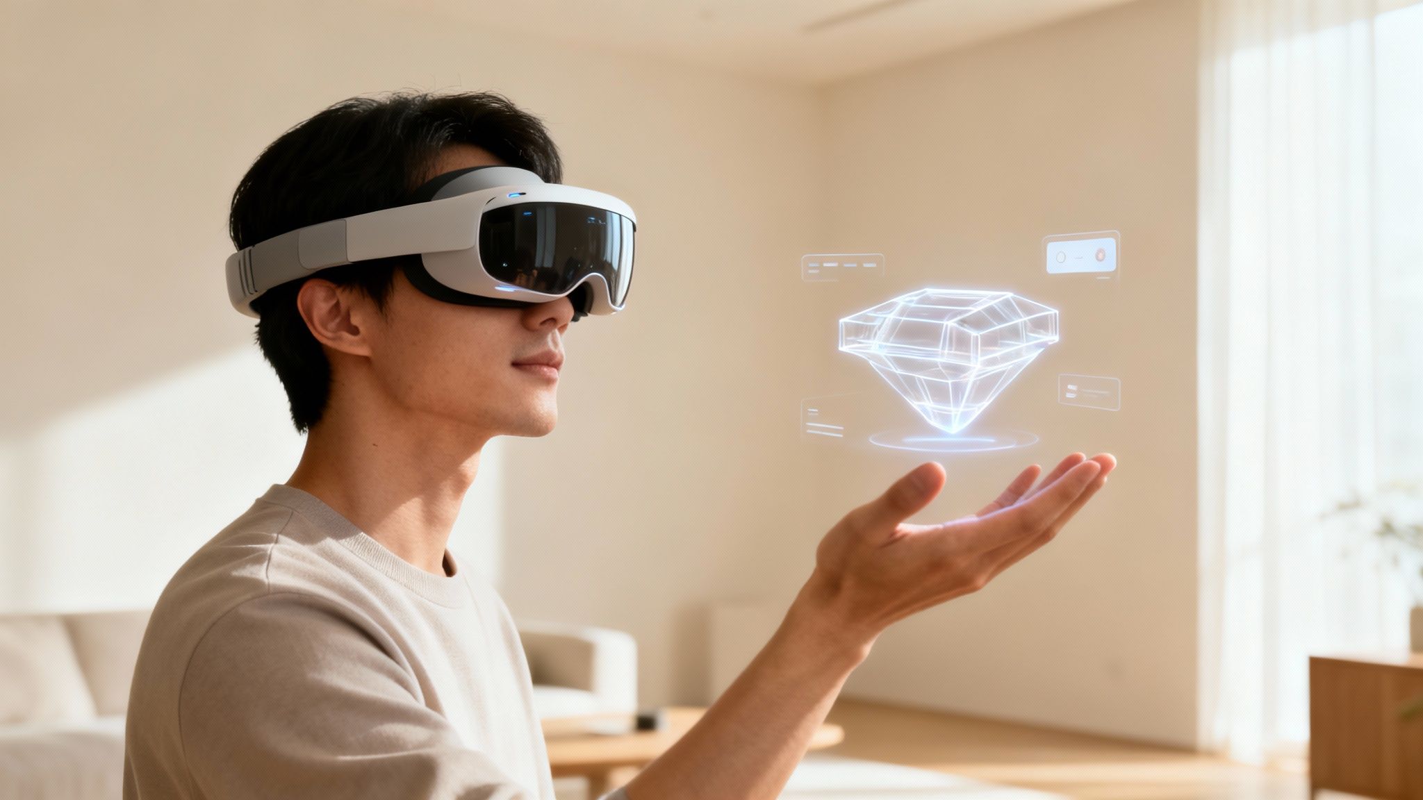 A young man wearing a virtual reality headset interacting with a glowing holographic object in his living room.
