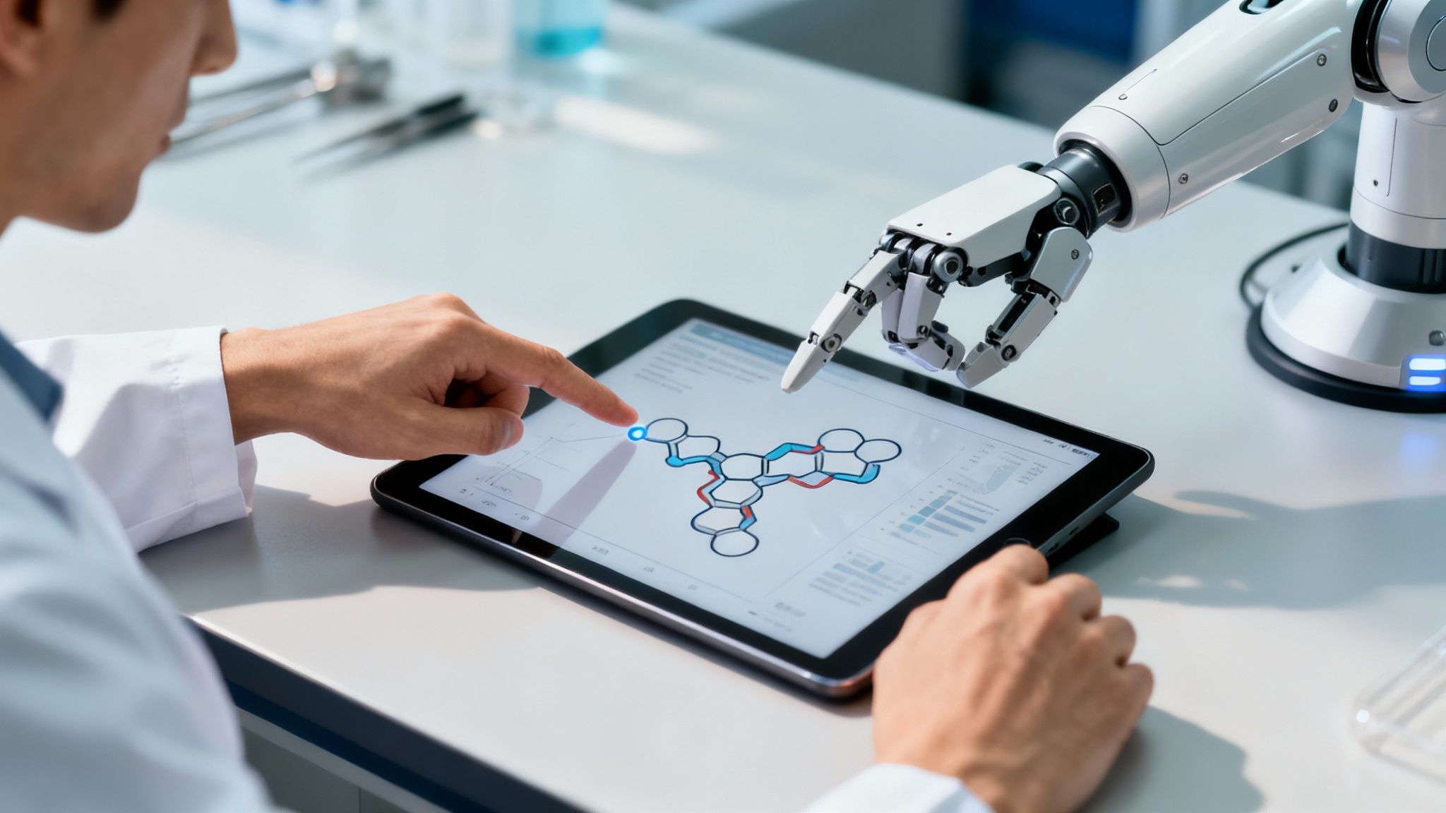 An advanced humanoid robot working alongside a scientist in a futuristic laboratory, analyzing complex data on a holographic display.