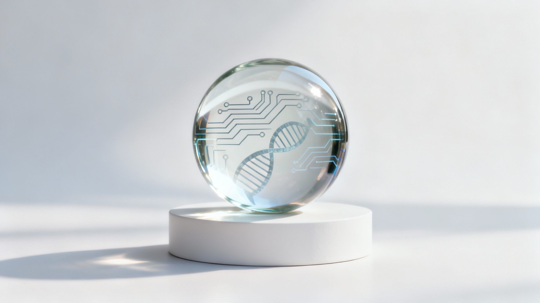 A clear glass sphere displaying a glowing DNA helix and circuit board patterns, on a white stand.