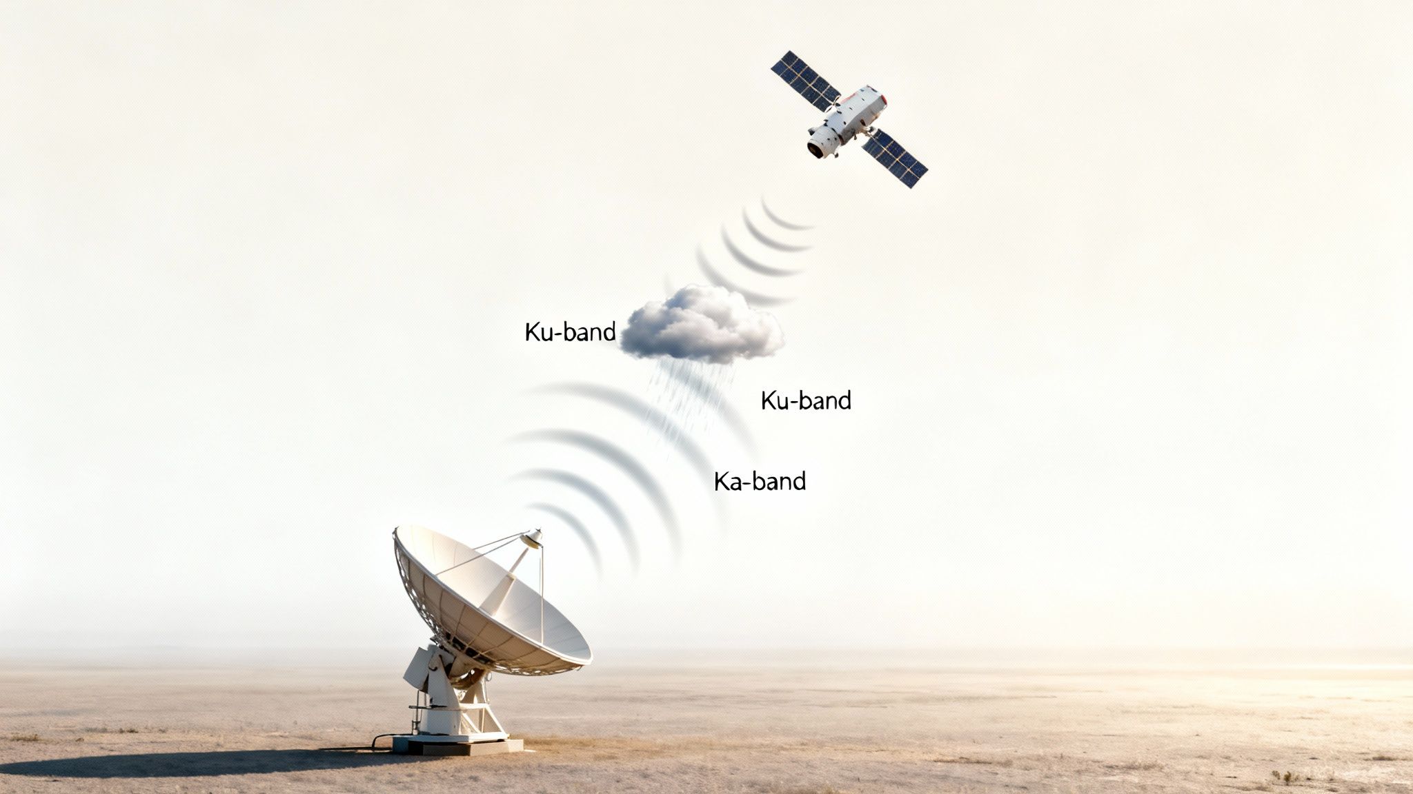 Satellite communication showing Ku-band and Ka-band signals between a satellite and ground antenna, affected by a rain cloud.