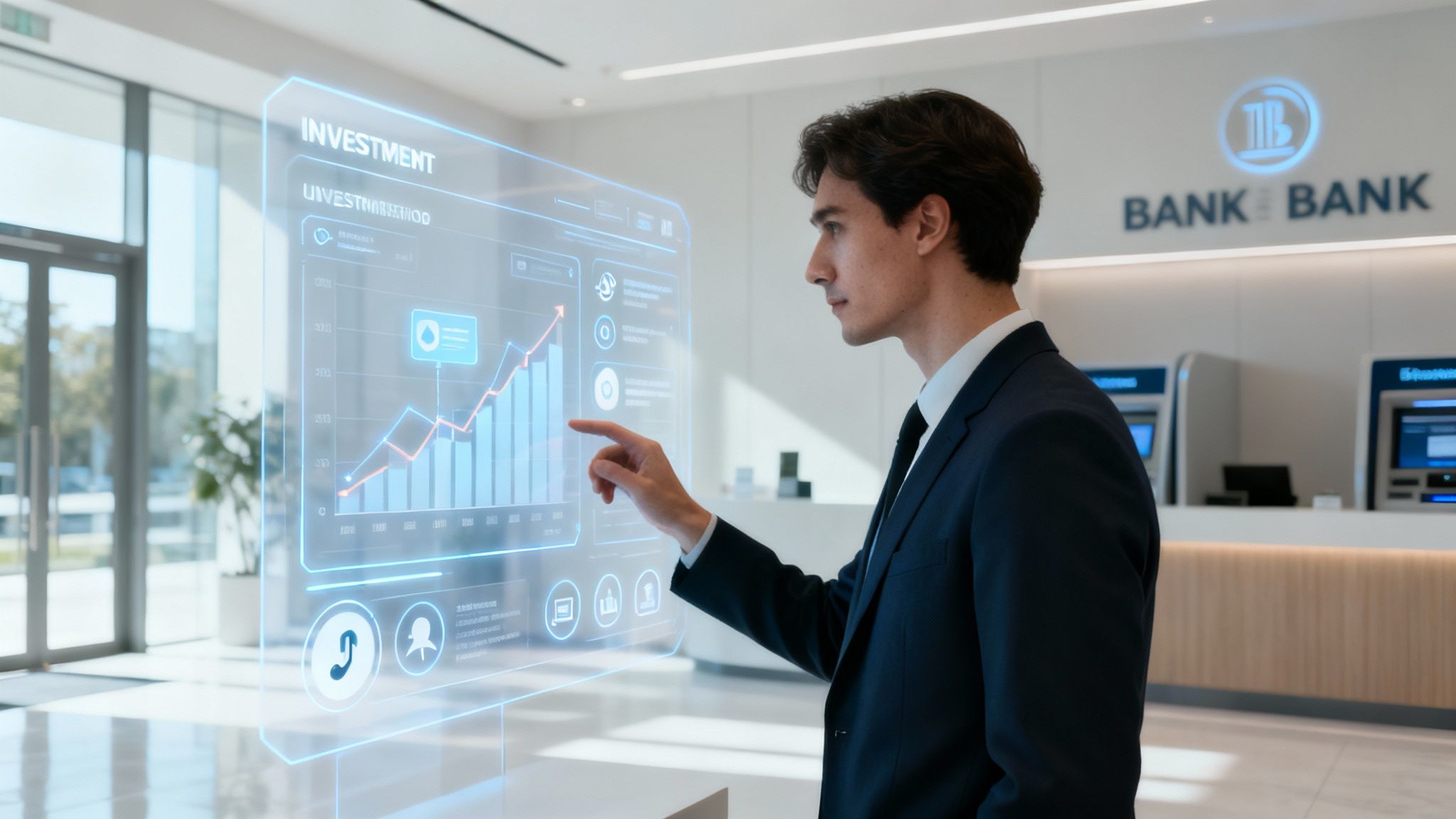 Professional man interacts with a futuristic AI investment screen in a sleek bank lobby.