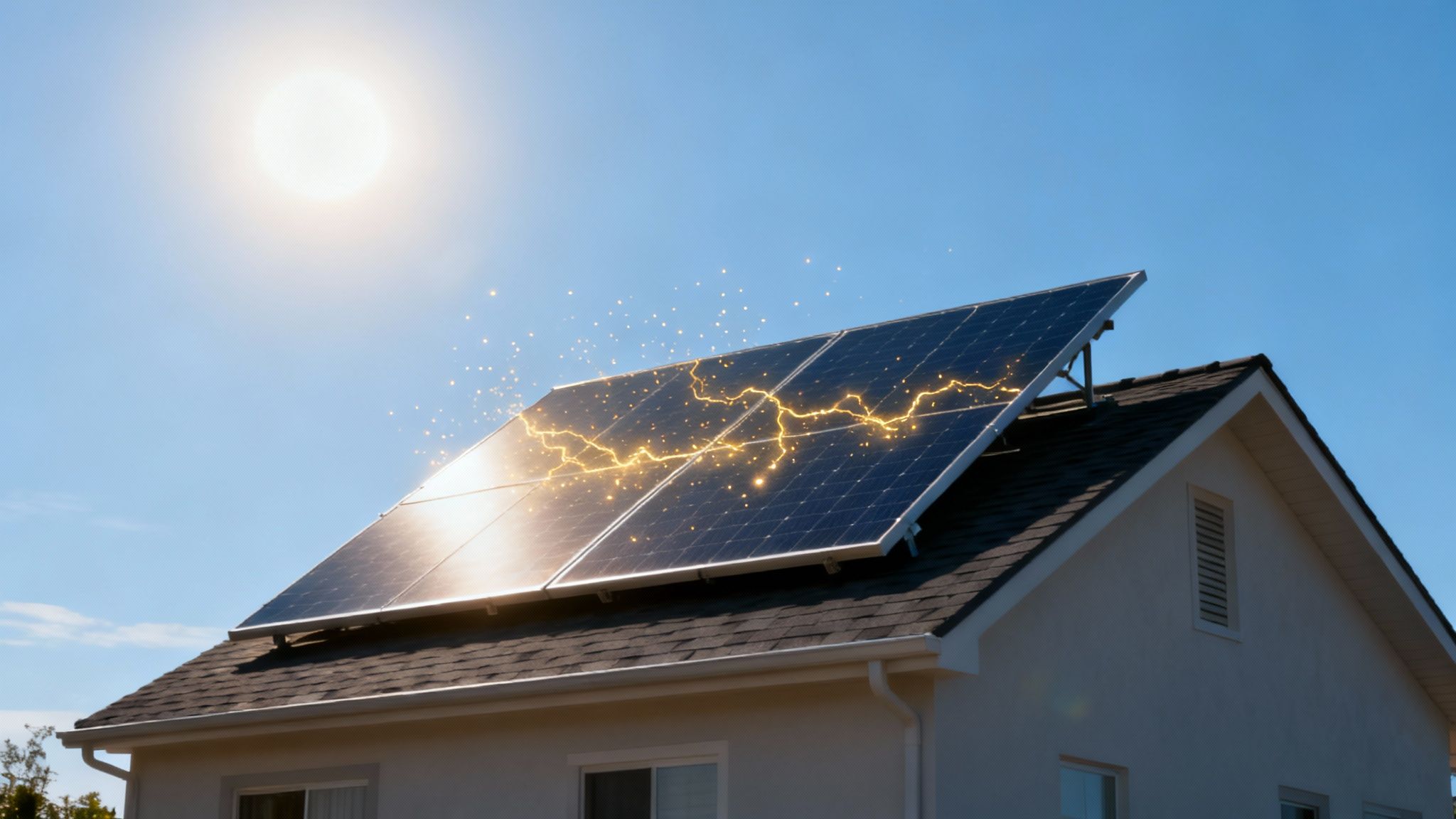 A diagram illustrating the photovoltaic effect where photons strike a solar cell, dislodging electrons and creating a flow of electricity.
