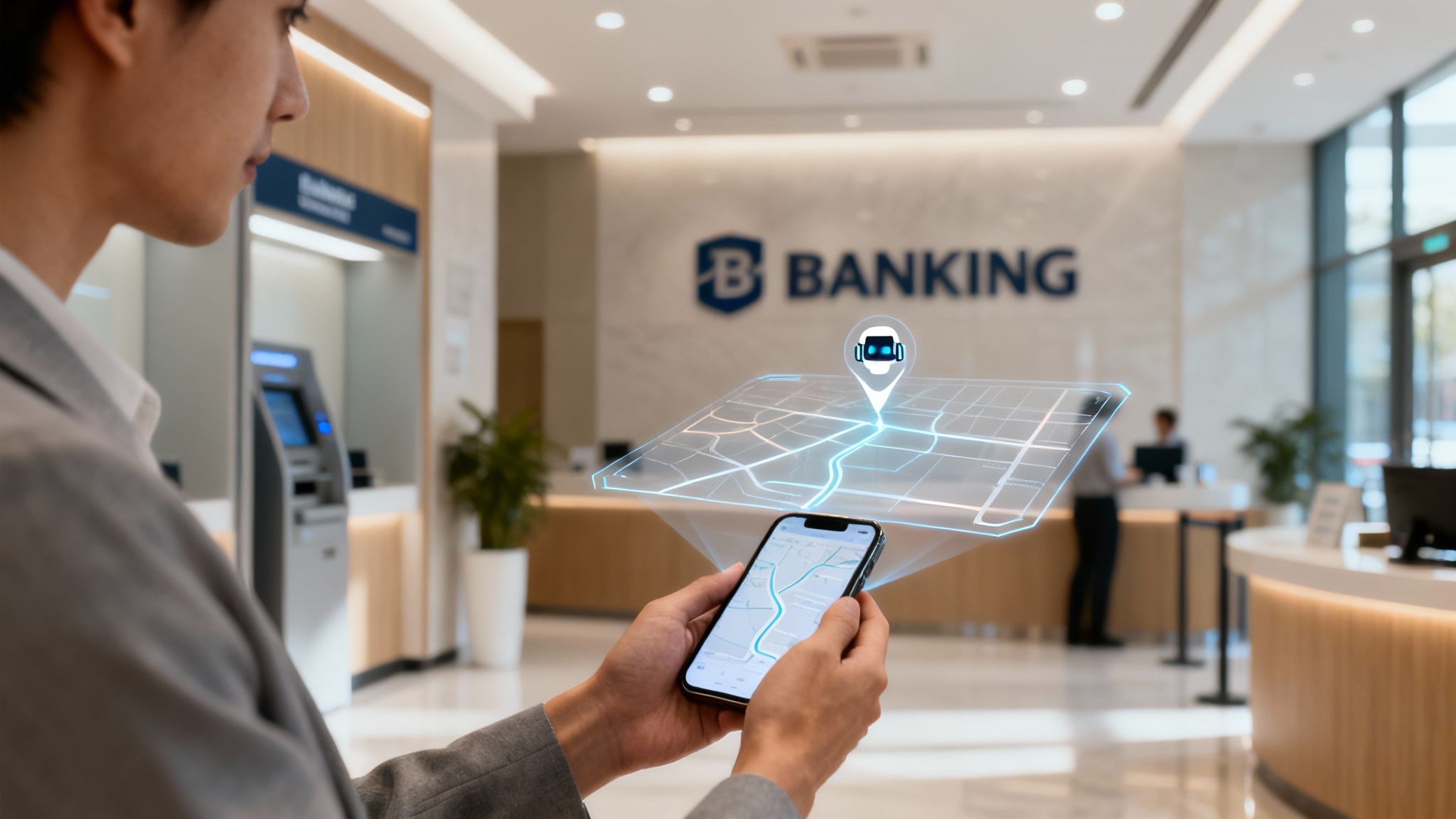 Man uses phone with holographic map showing an AI bot location in a modern bank.