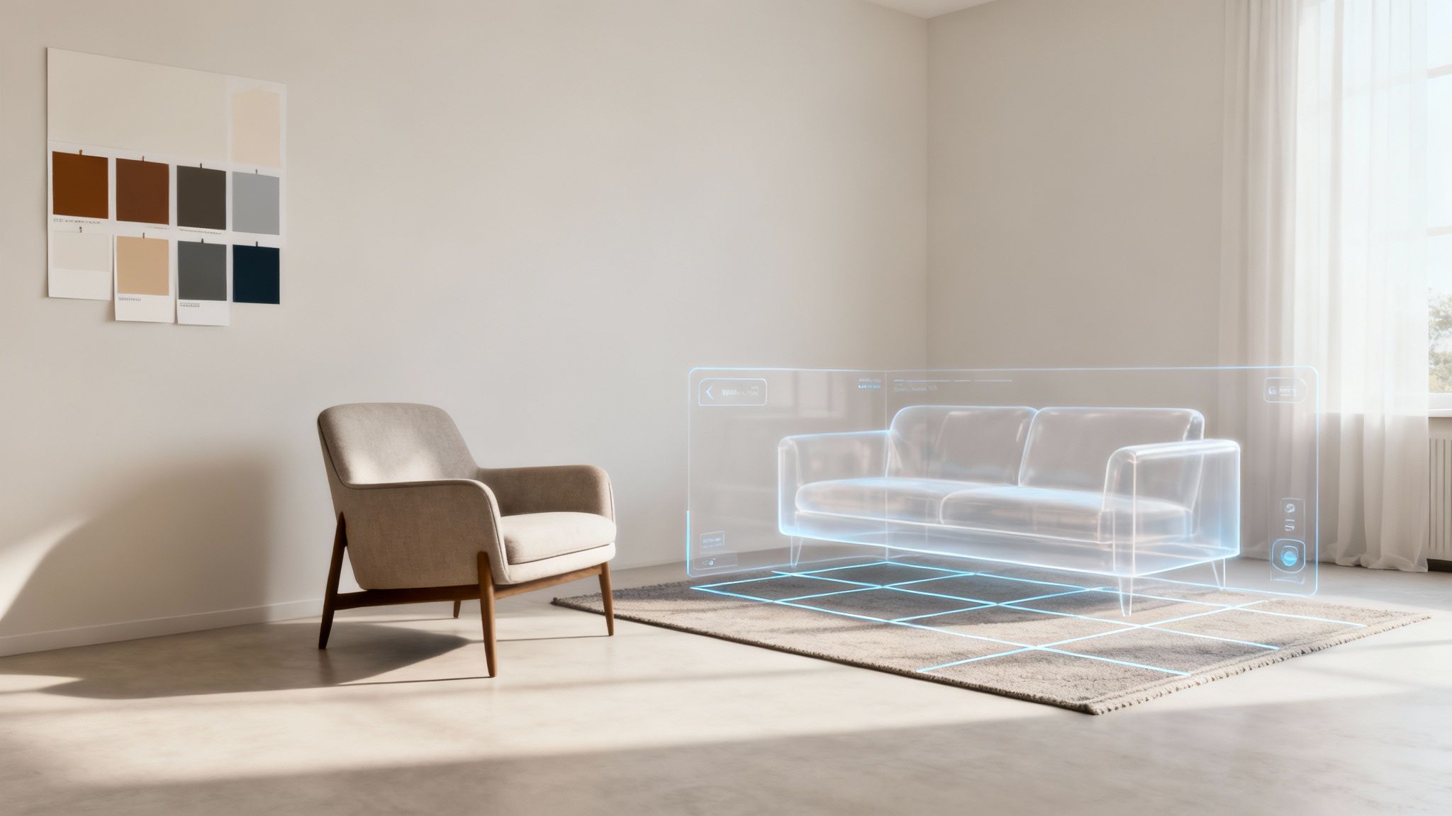 Augmented reality app projecting a virtual sofa into a modern living room with an armchair and color palette.