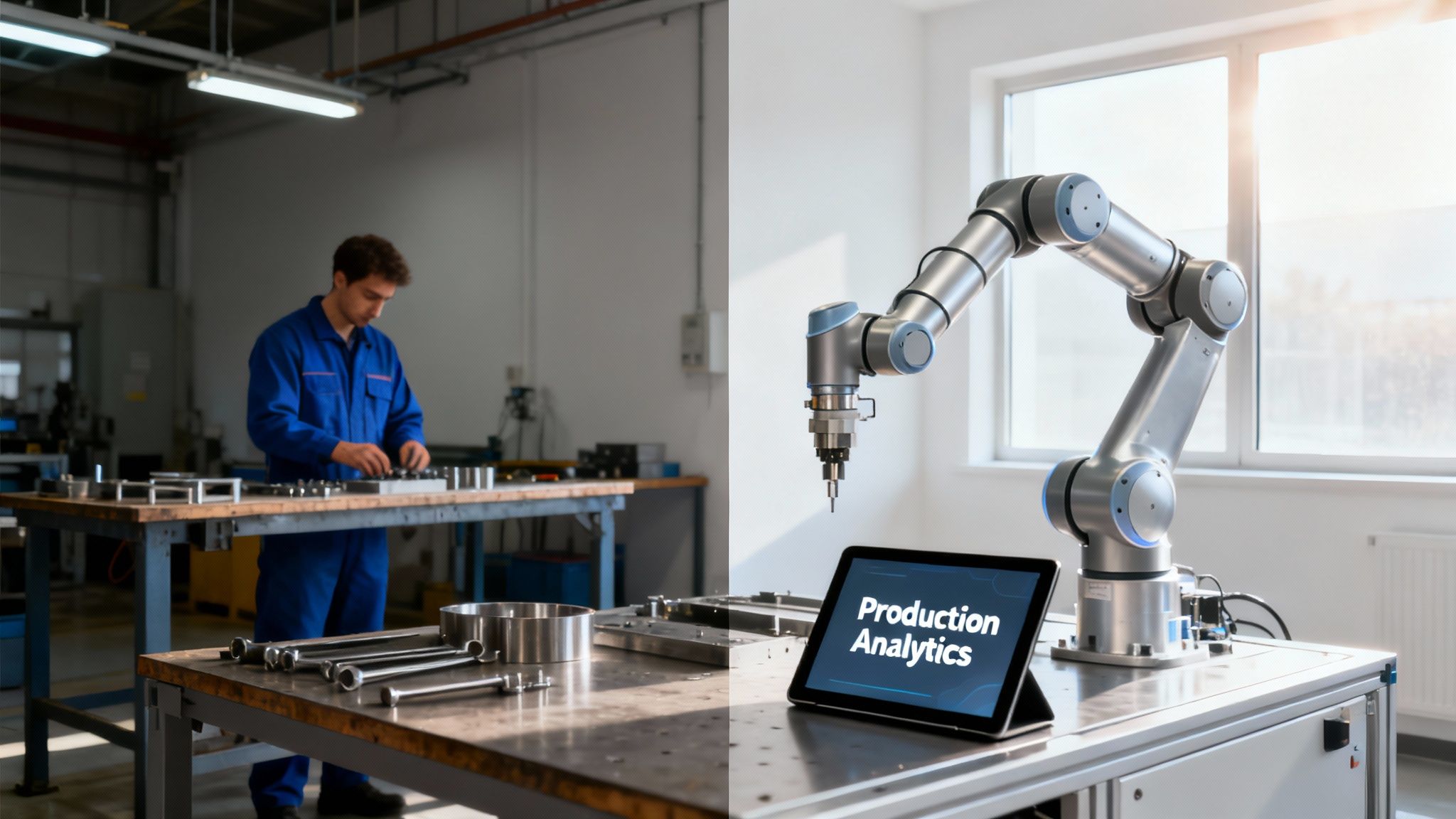 A manufacturing worker manually assembling parts and a robotic arm with a tablet showing "Production Analytics."