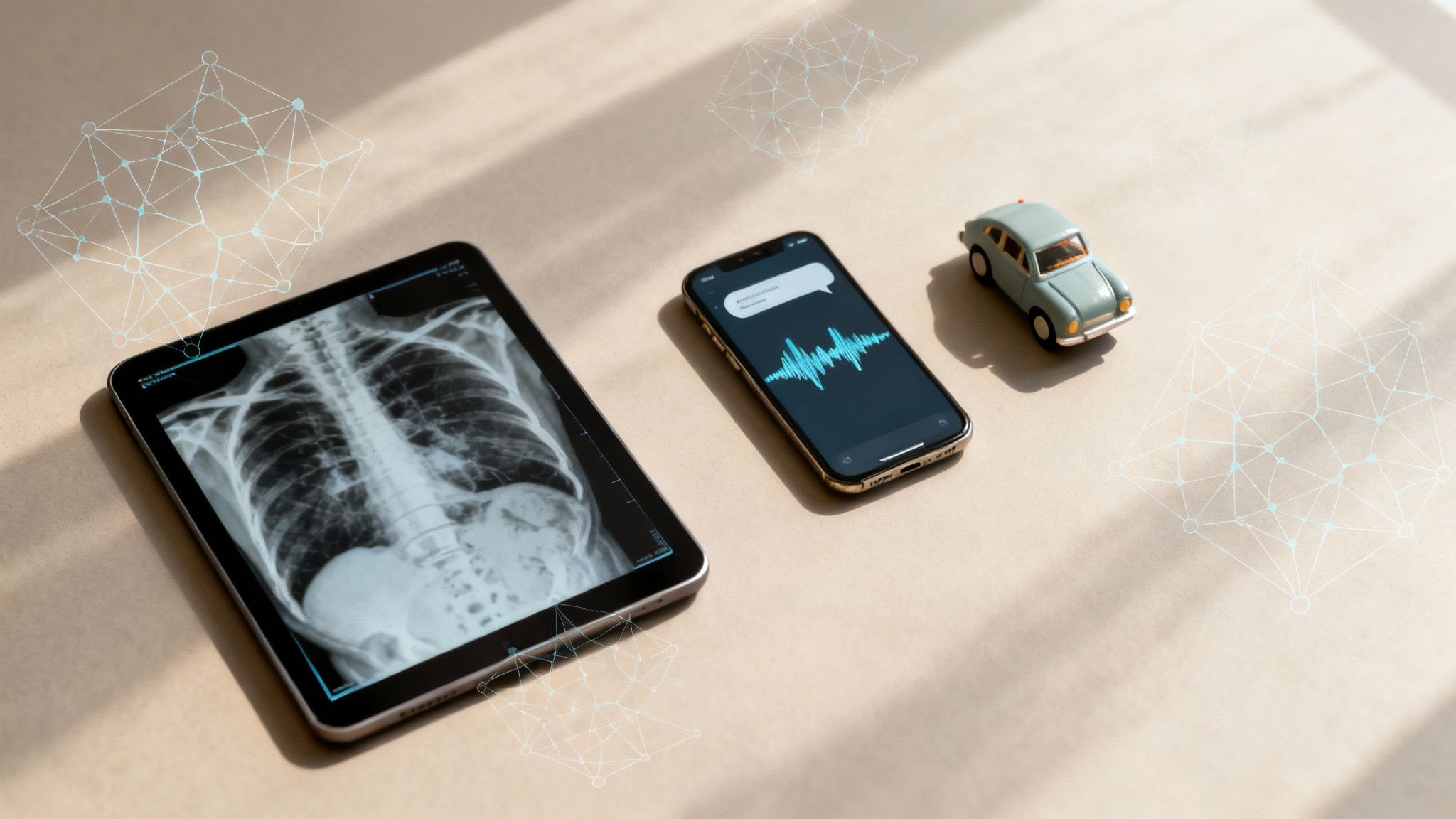 Digital healthcare devices displaying medical X-ray and audio waveform with connected network overlay illustrations